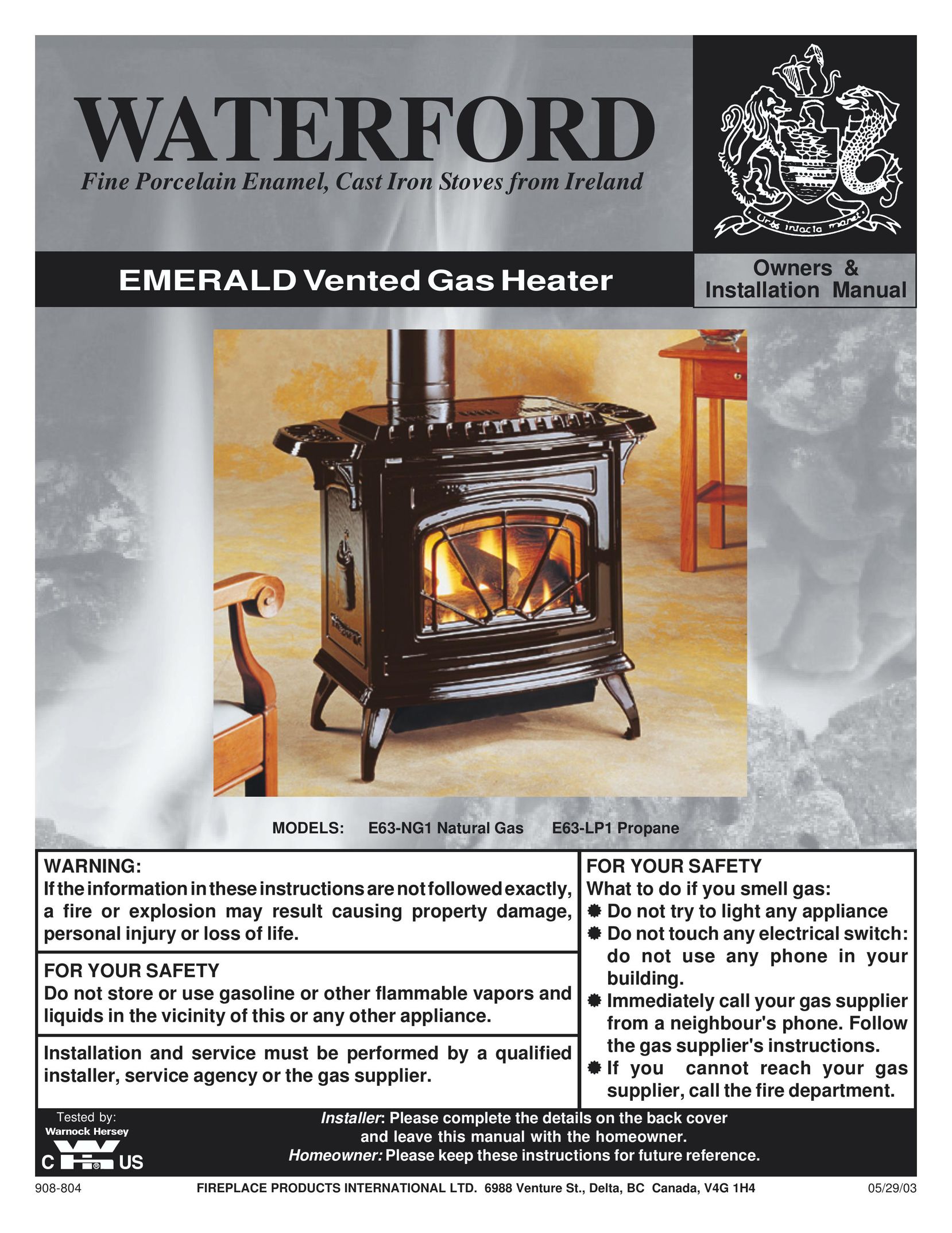 Waterford Appliances E63-NG1 Gas Heater User Manual