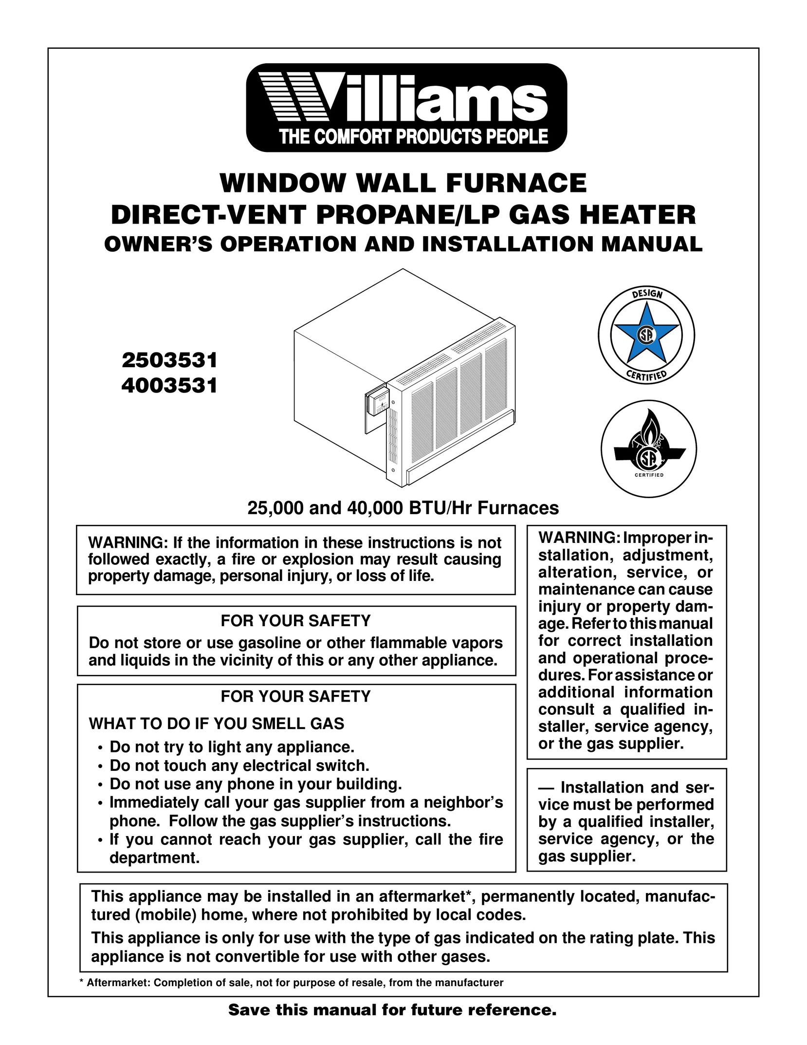 Williams 4003531 Gas Heater User Manual