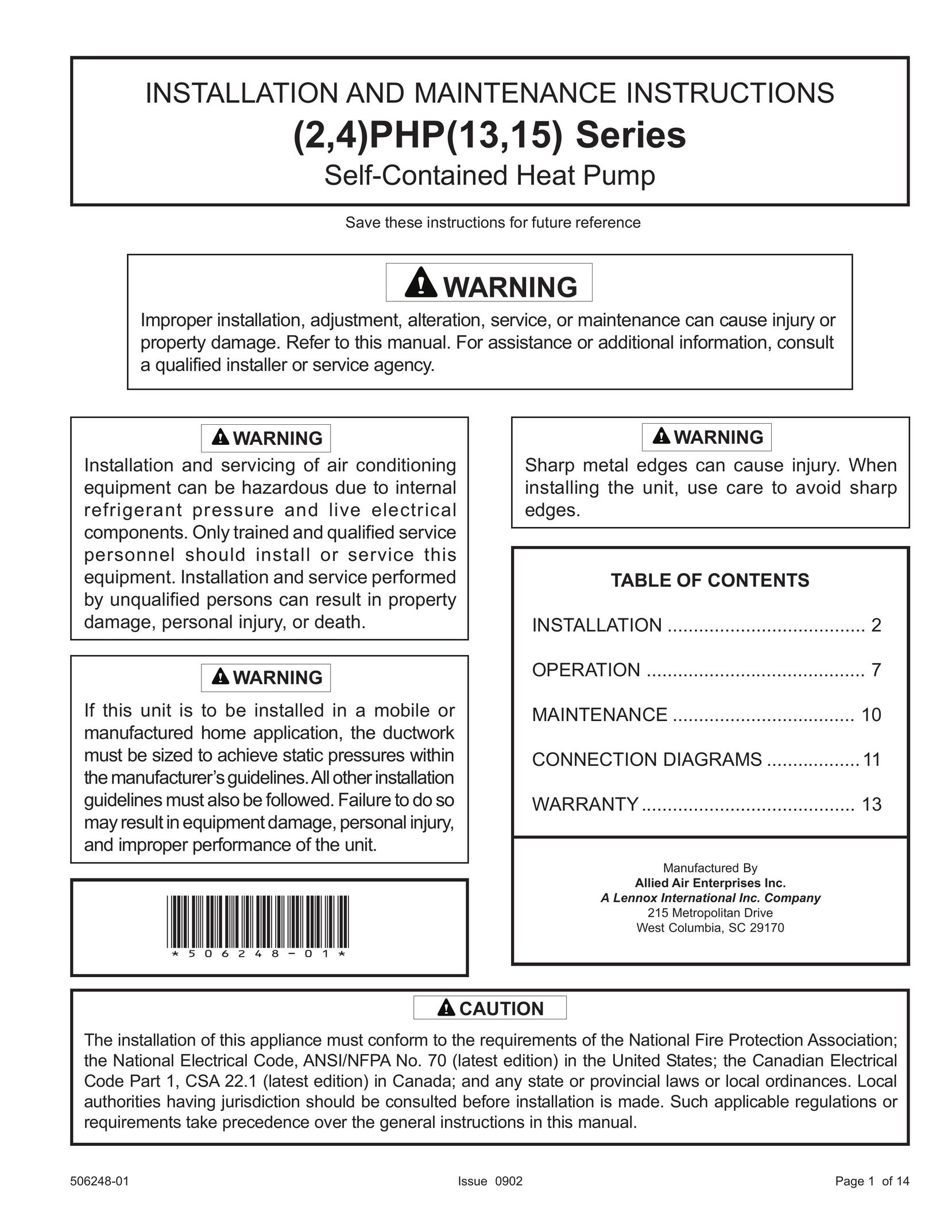 Allied Air Enterprises 4)PHP(13 Heat Pump User Manual