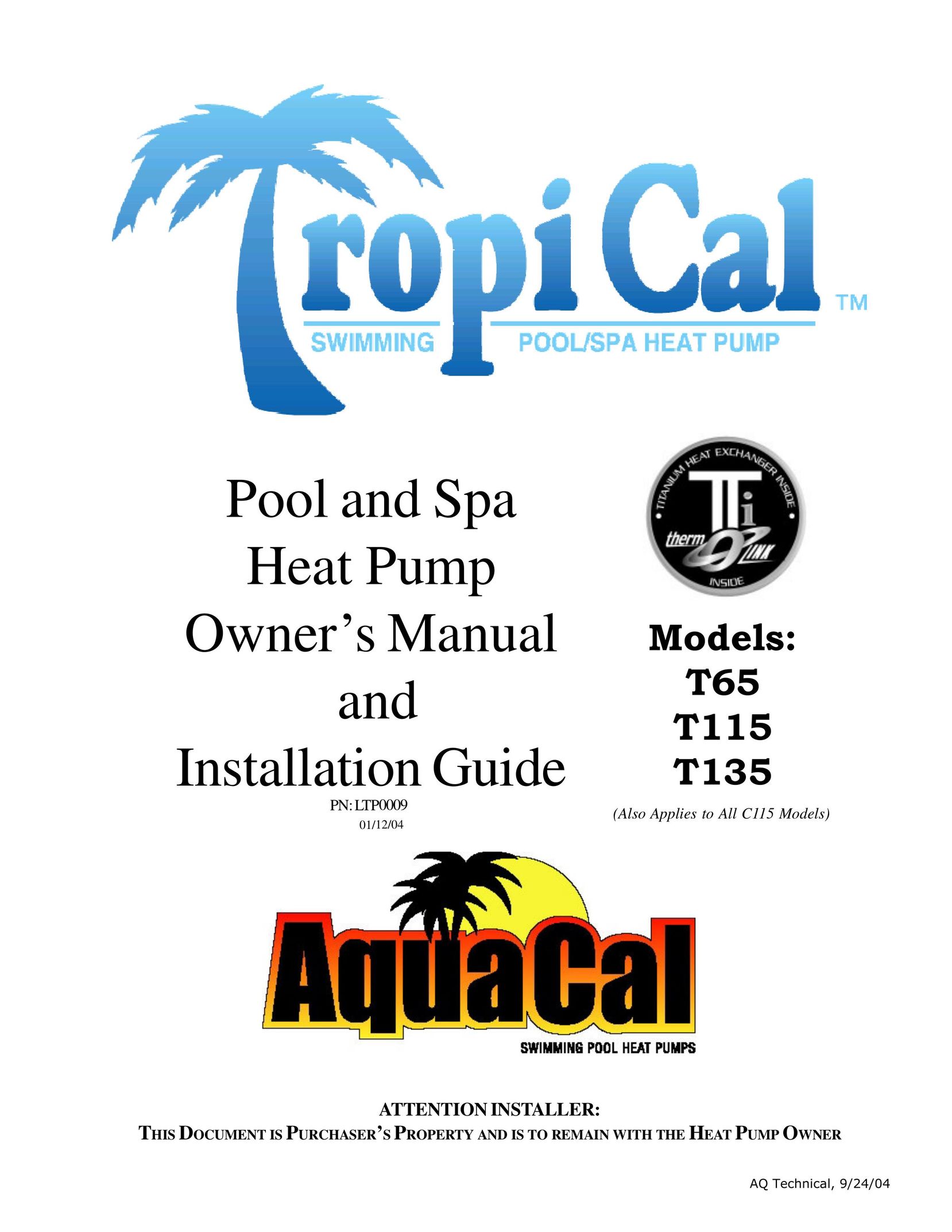 Aquacal T135 Heat Pump User Manual