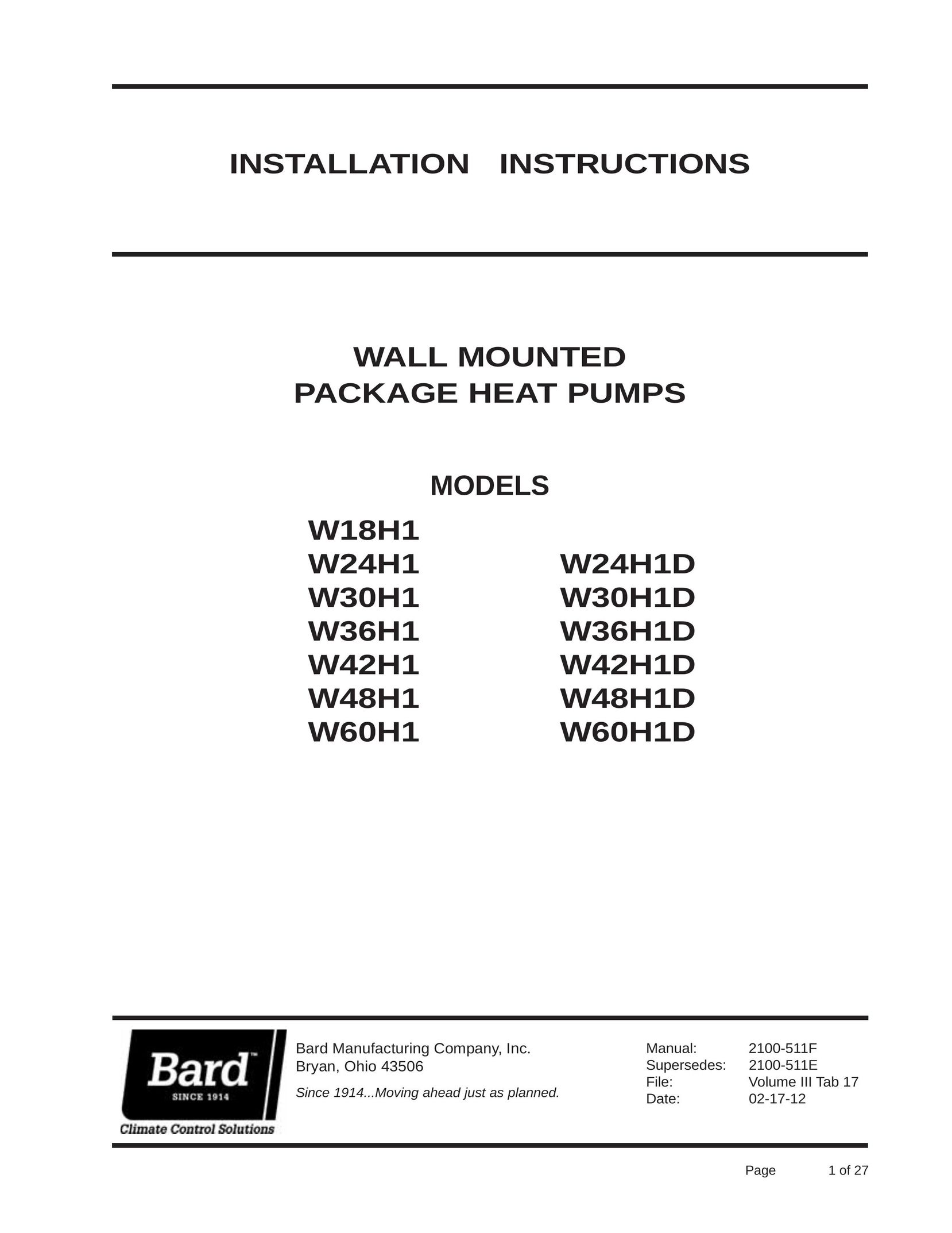 Bard W24H1D Heat Pump User Manual