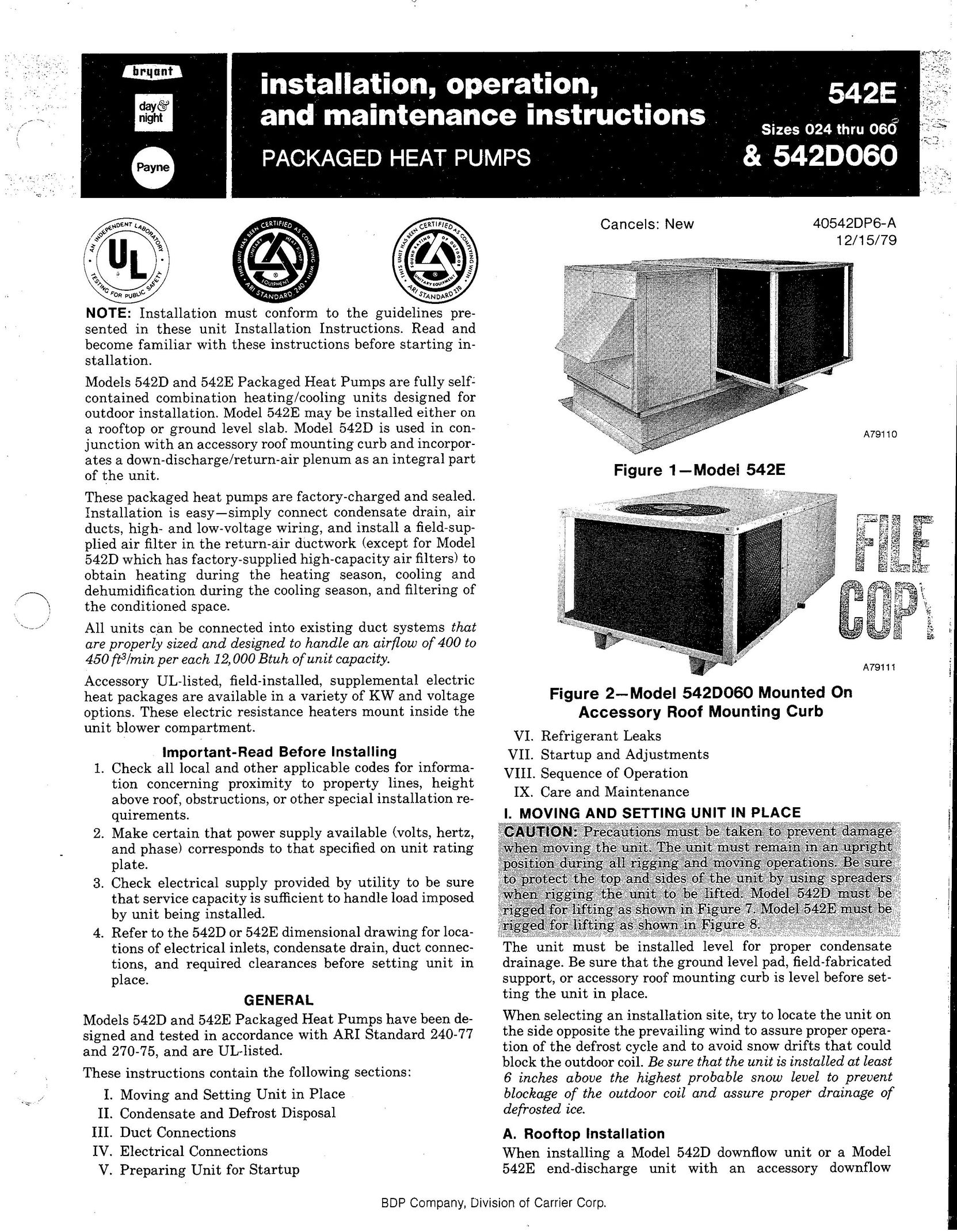 Bryant 542D060 Heat Pump User Manual