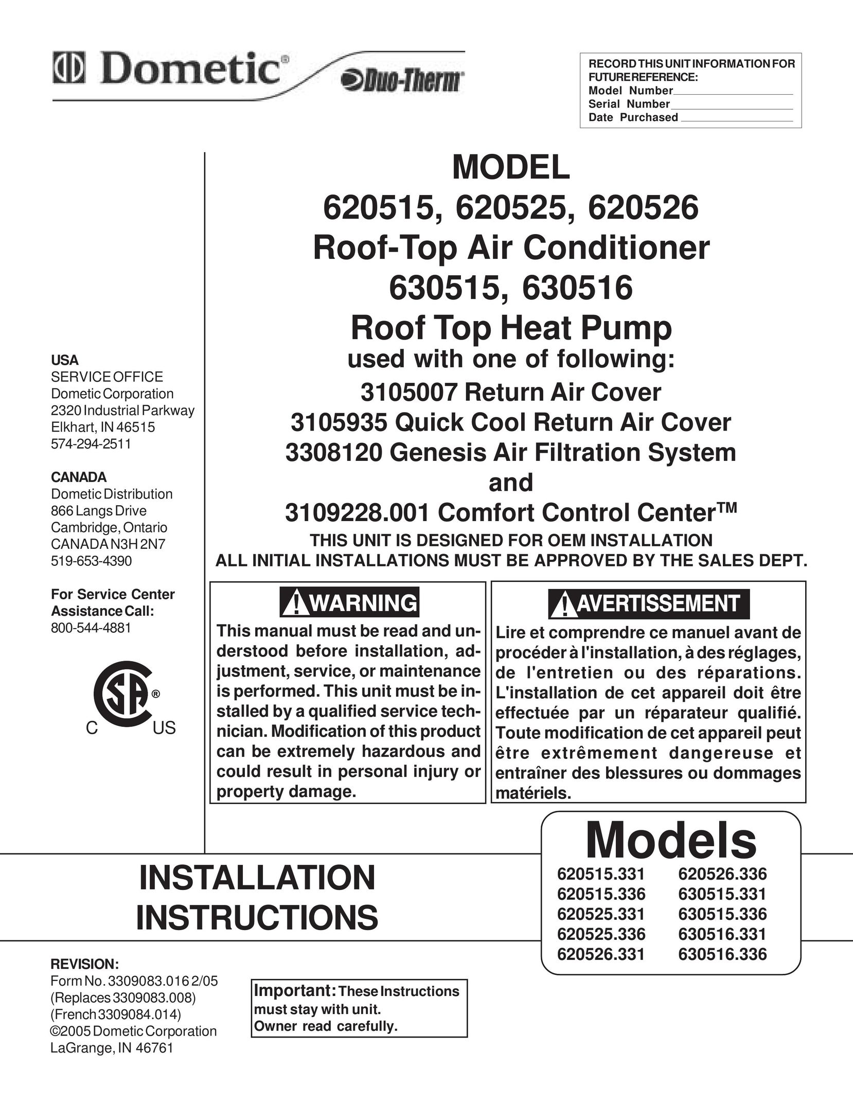 Dometic 620525 Heat Pump User Manual