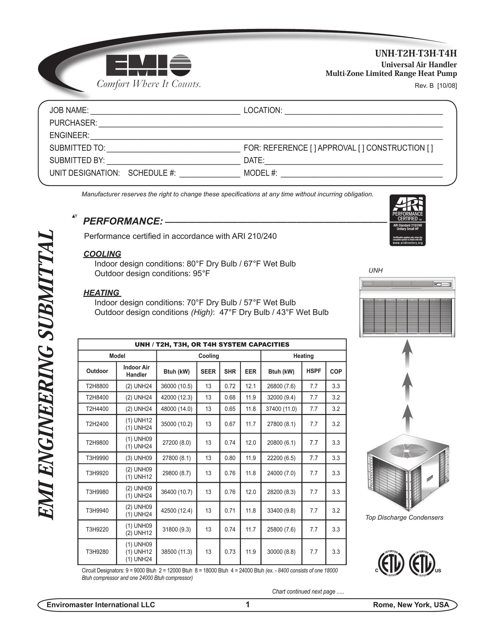 EMI UNH-T2H-T3H-T4H Heat Pump User Manual