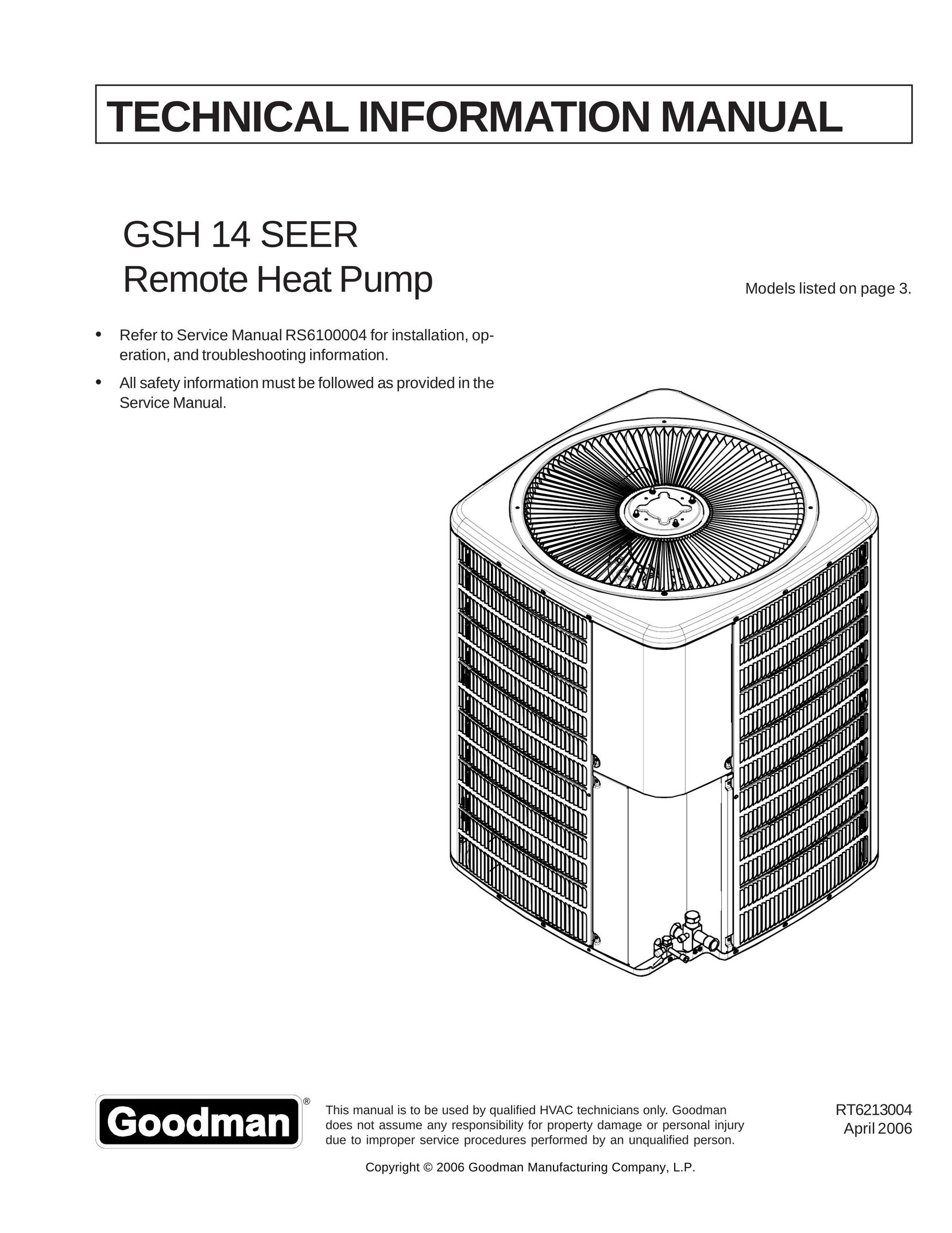 Goodman Mfg GSH 14 SEER Heat Pump User Manual