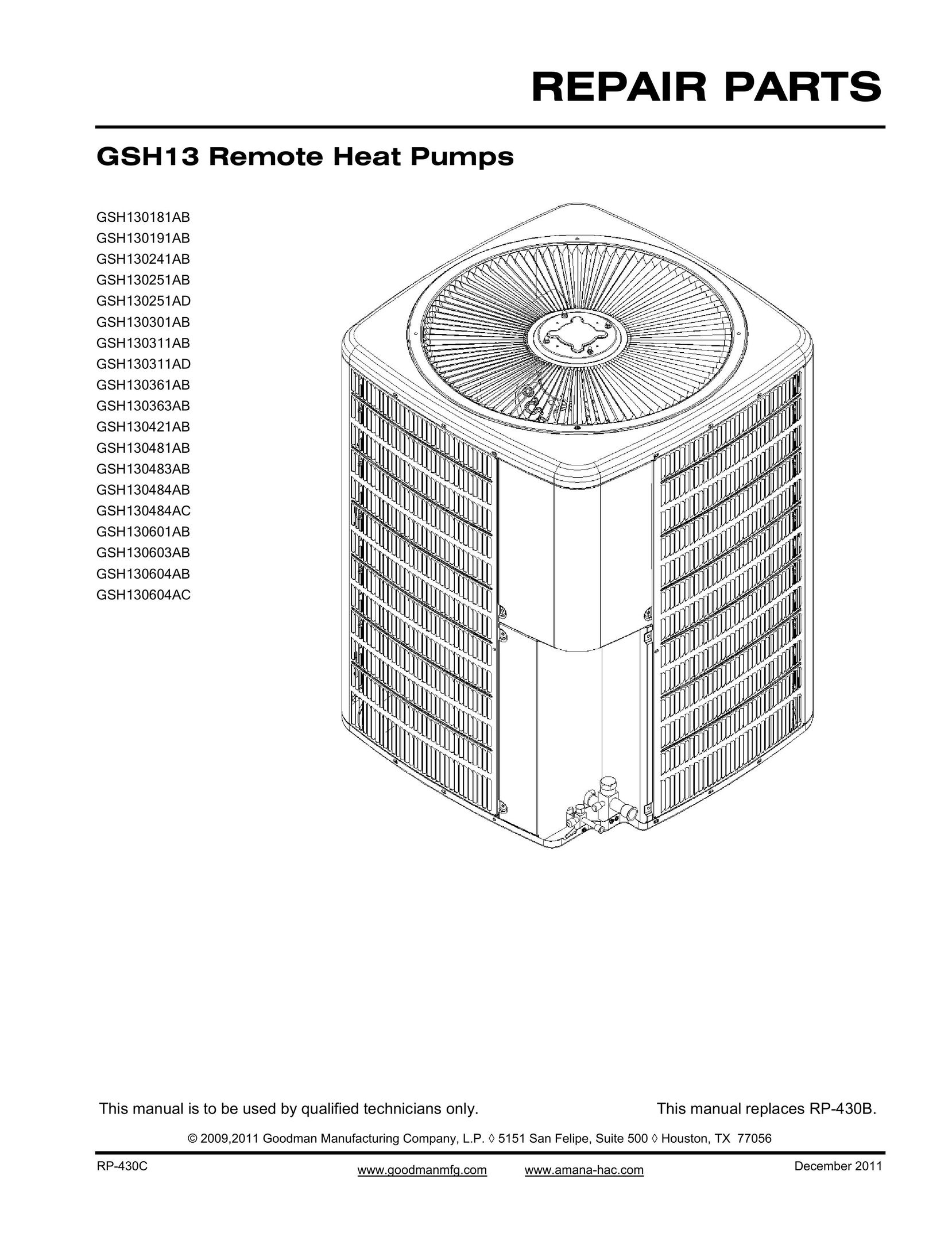 Goodman Mfg GSH13 Remote Heat Pump Heat Pump User Manual
