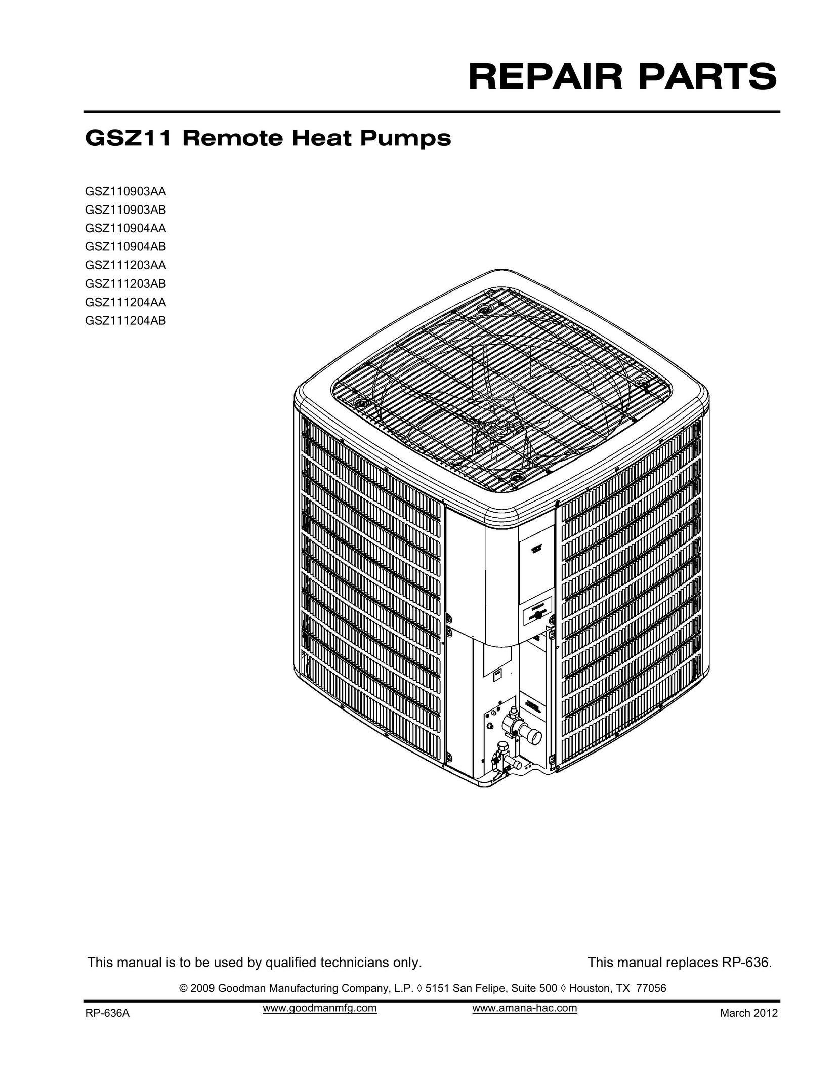 Goodman Mfg GSZ111203AA Heat Pump User Manual