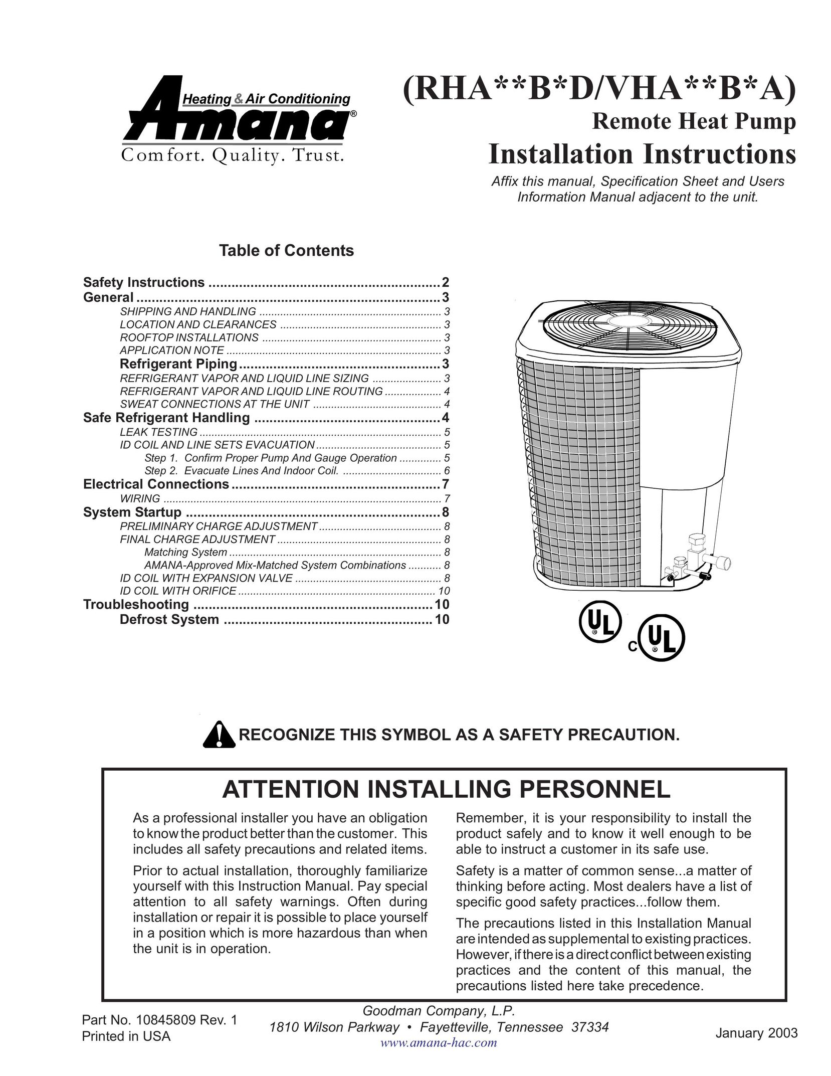 Goodman Mfg RHA**B*D Heat Pump User Manual
