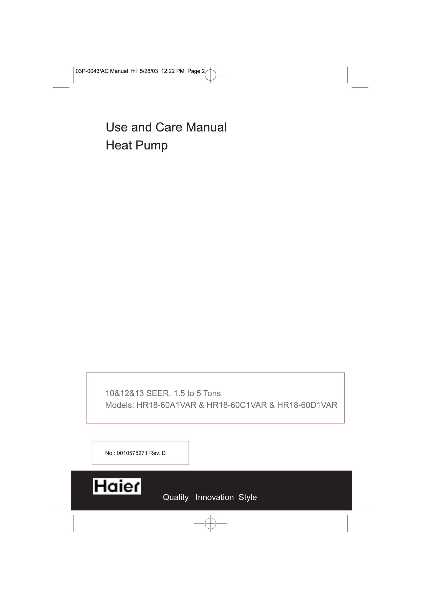 Haier HR18-60D1VAR. Heat Pump User Manual