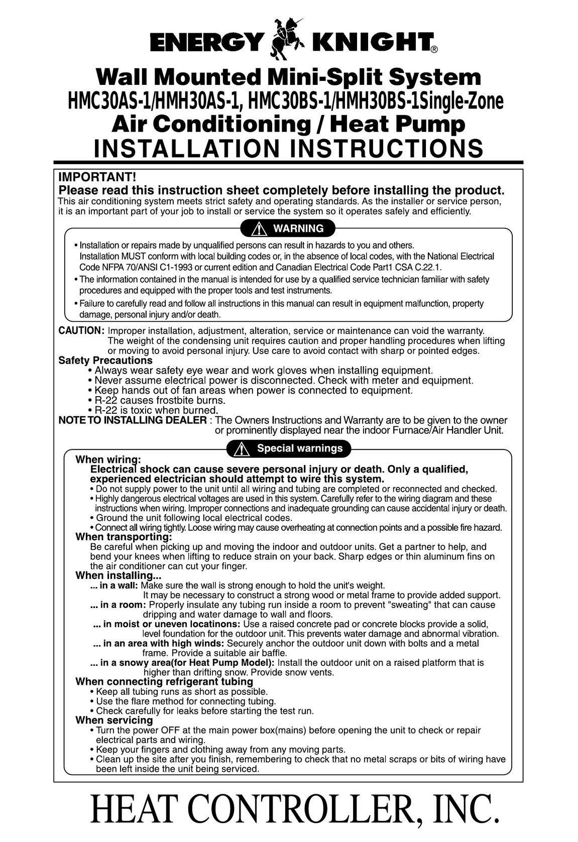 Heat Controller HMH30AS-1 Heat Pump User Manual
