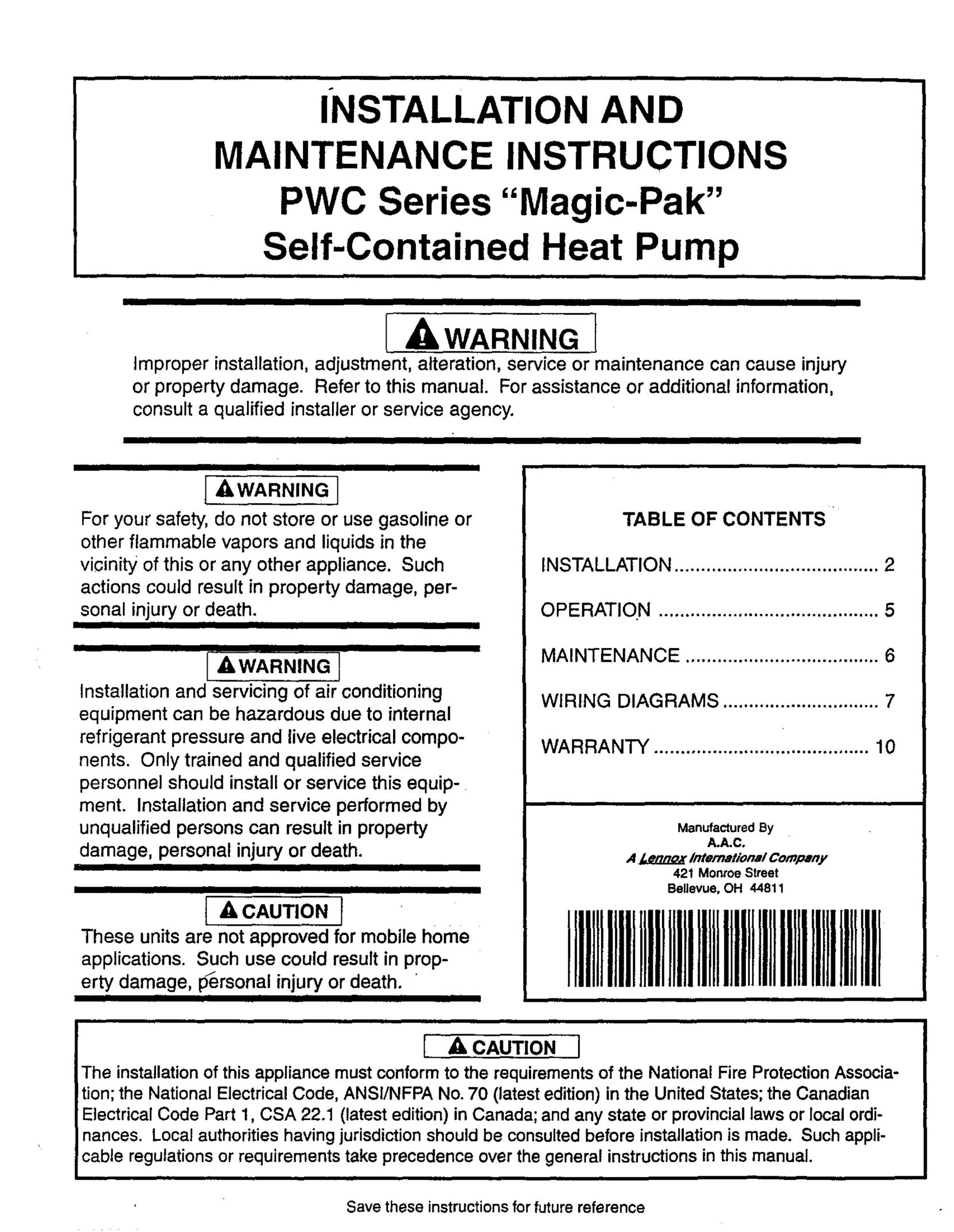 Lennox International Inc. PWC183 Heat Pump User Manual