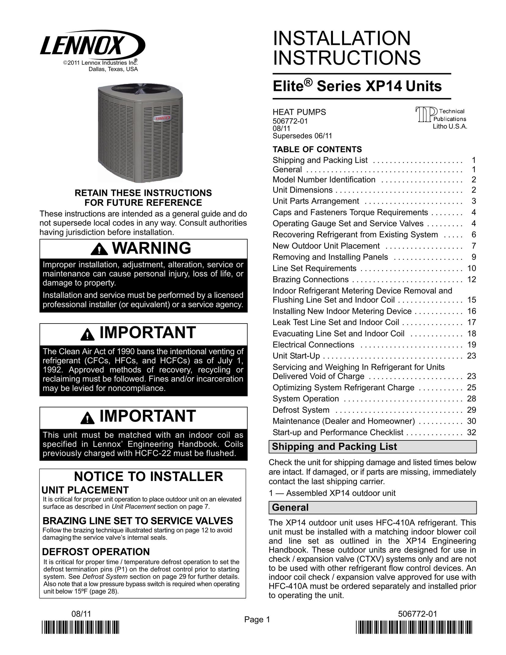 Lenox Elite Series XP14 Units HEAT PUMPS Heat Pump User Manual