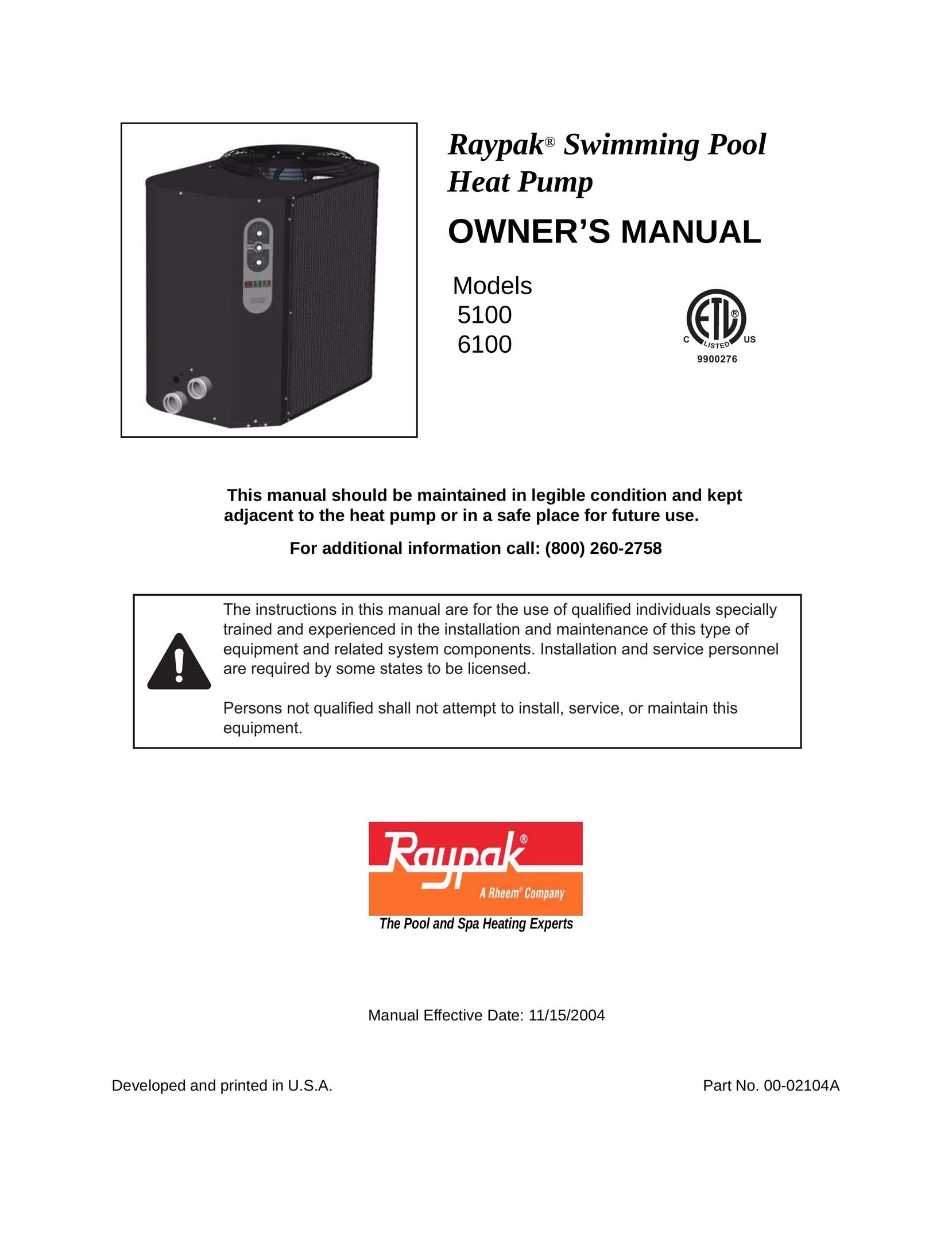 Raypak 5100 Heat Pump User Manual