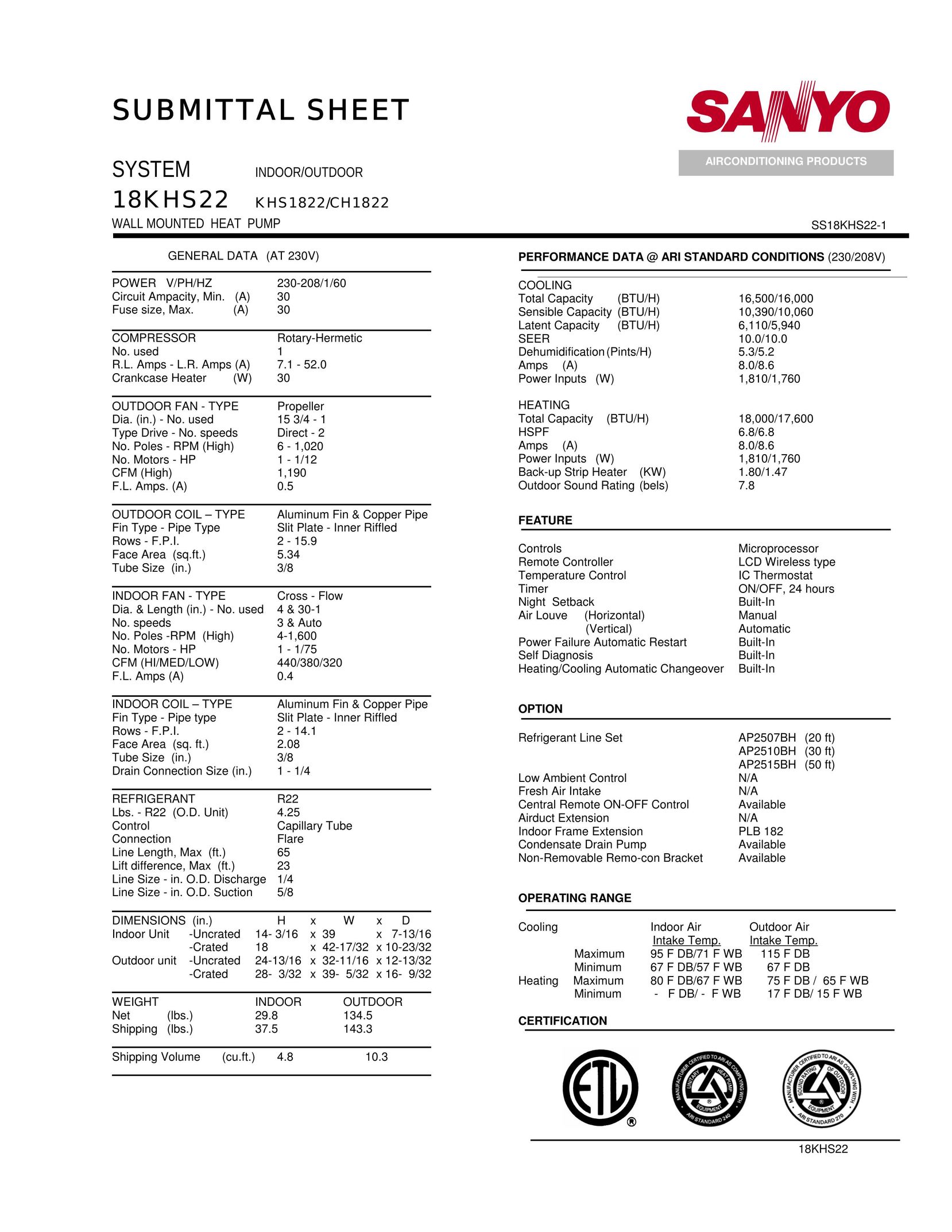 Sanyo 18KHS22 Heat Pump User Manual