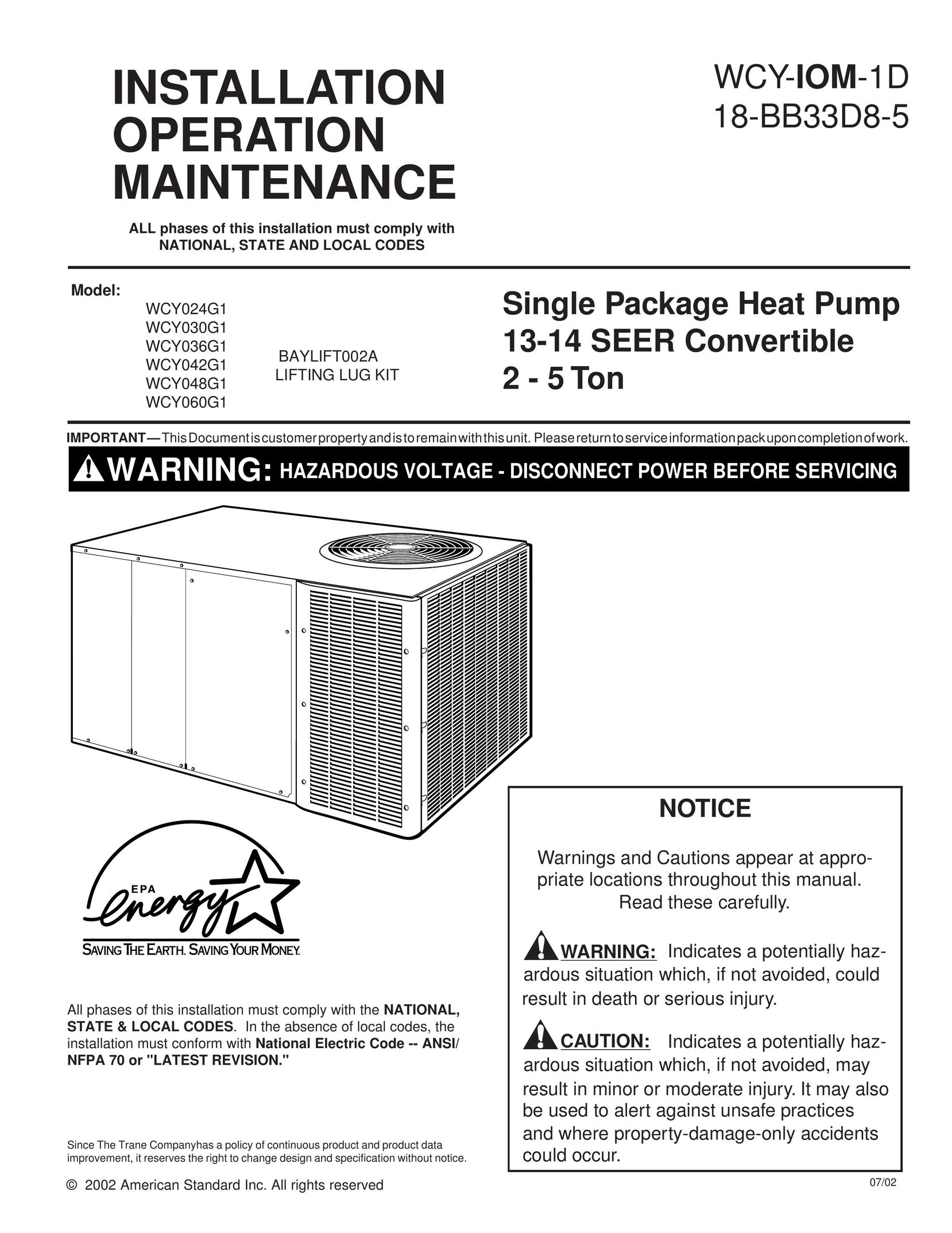 Trane WCY042G1 Heat Pump User Manual