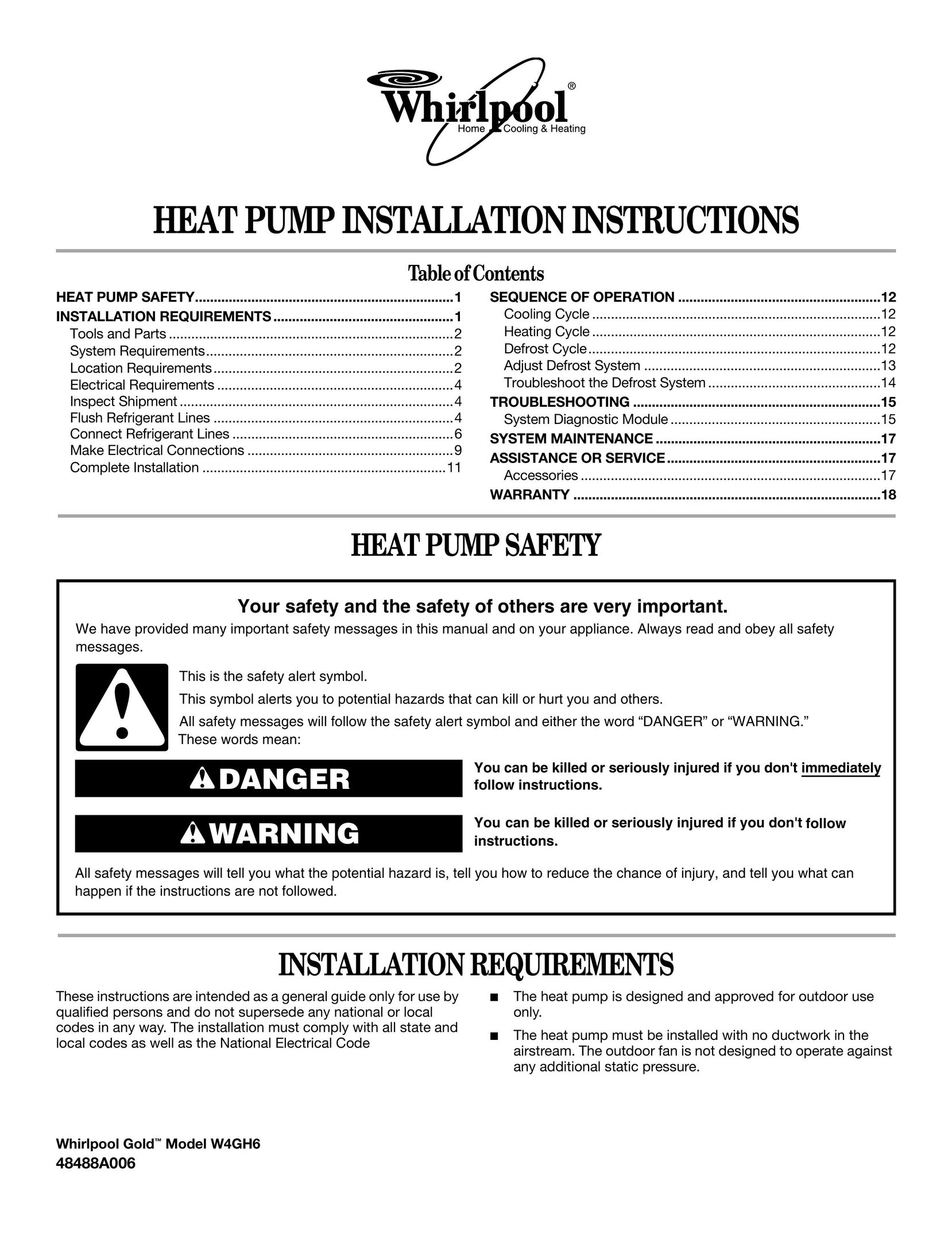 Whirlpool W4GH6 Heat Pump User Manual