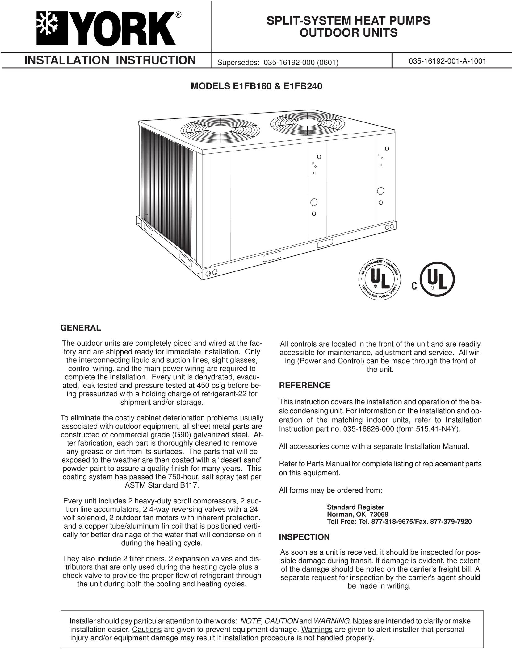 York E1FB180 Heat Pump User Manual