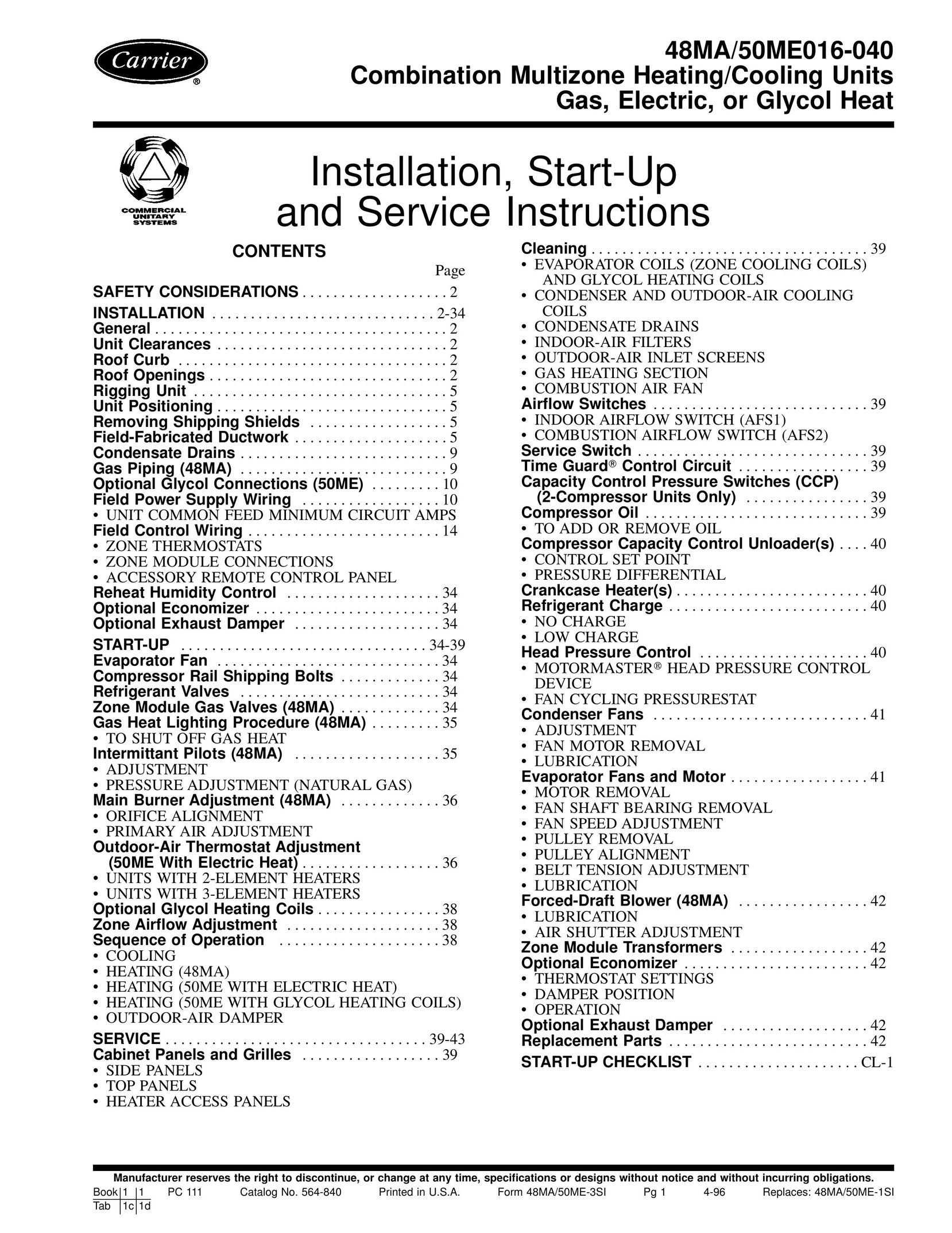 Carrier 48MA/50ME016-040 Heating System User Manual