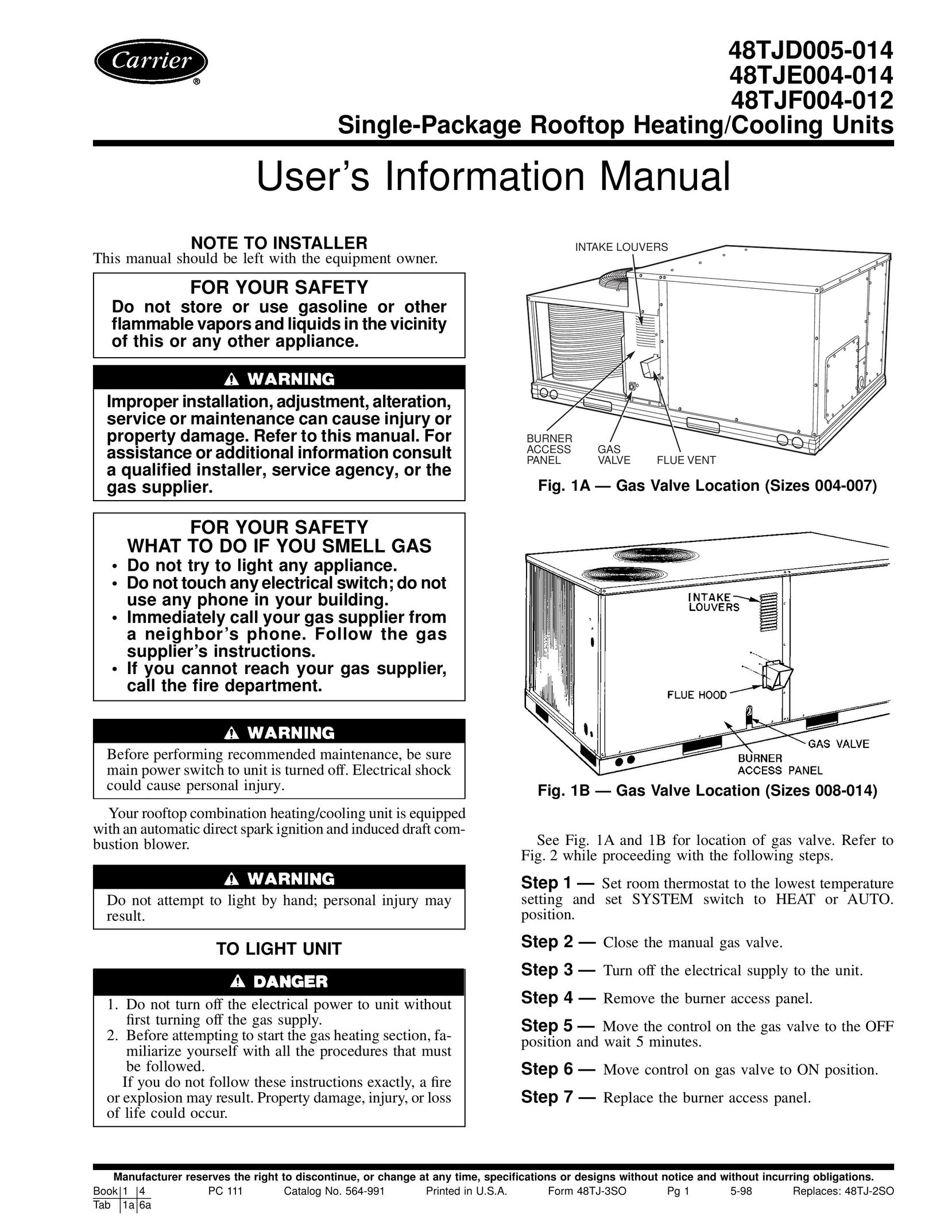 Carrier 48TJE004-014 Heating System User Manual