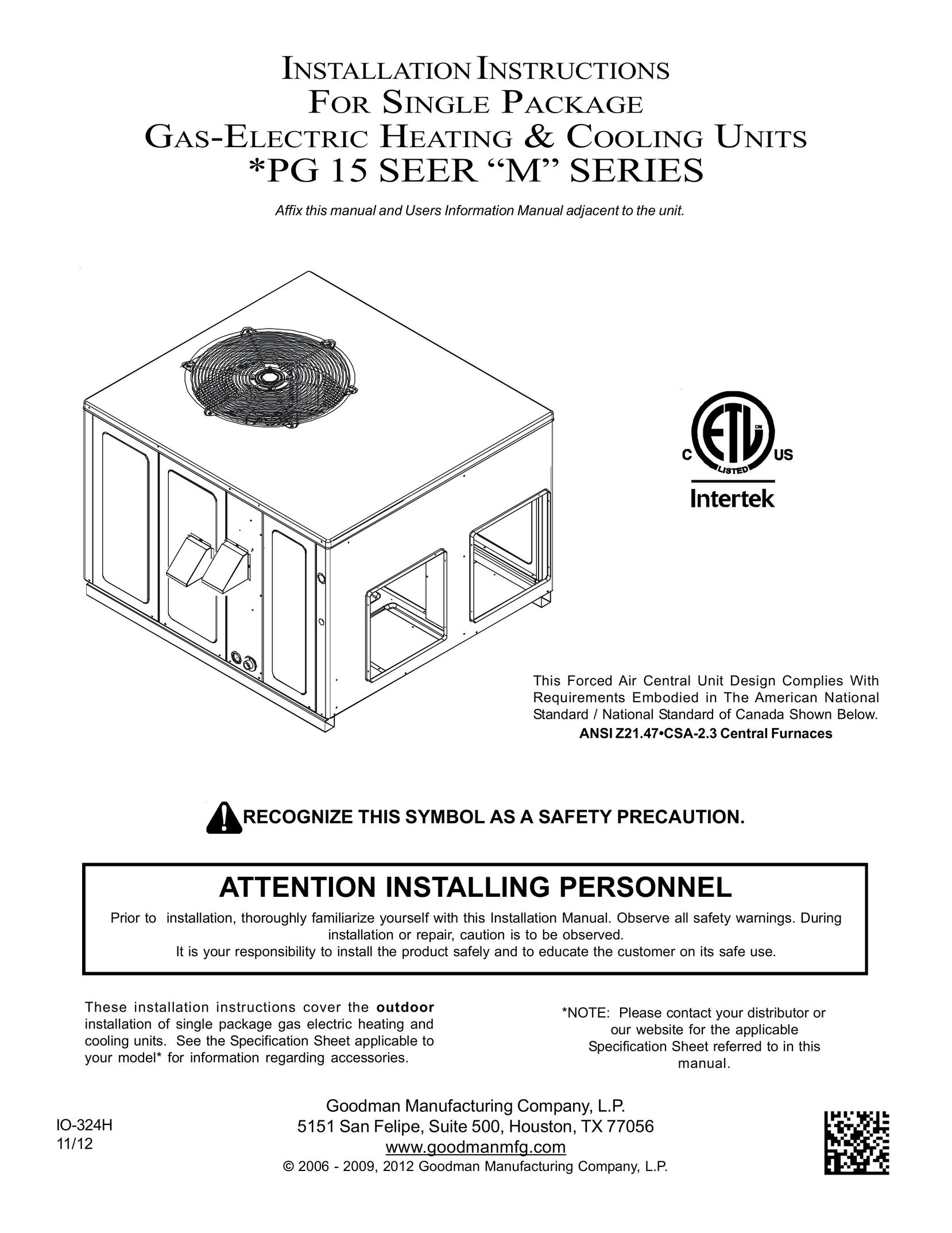 Goodman Mfg PG 15 Heating System User Manual