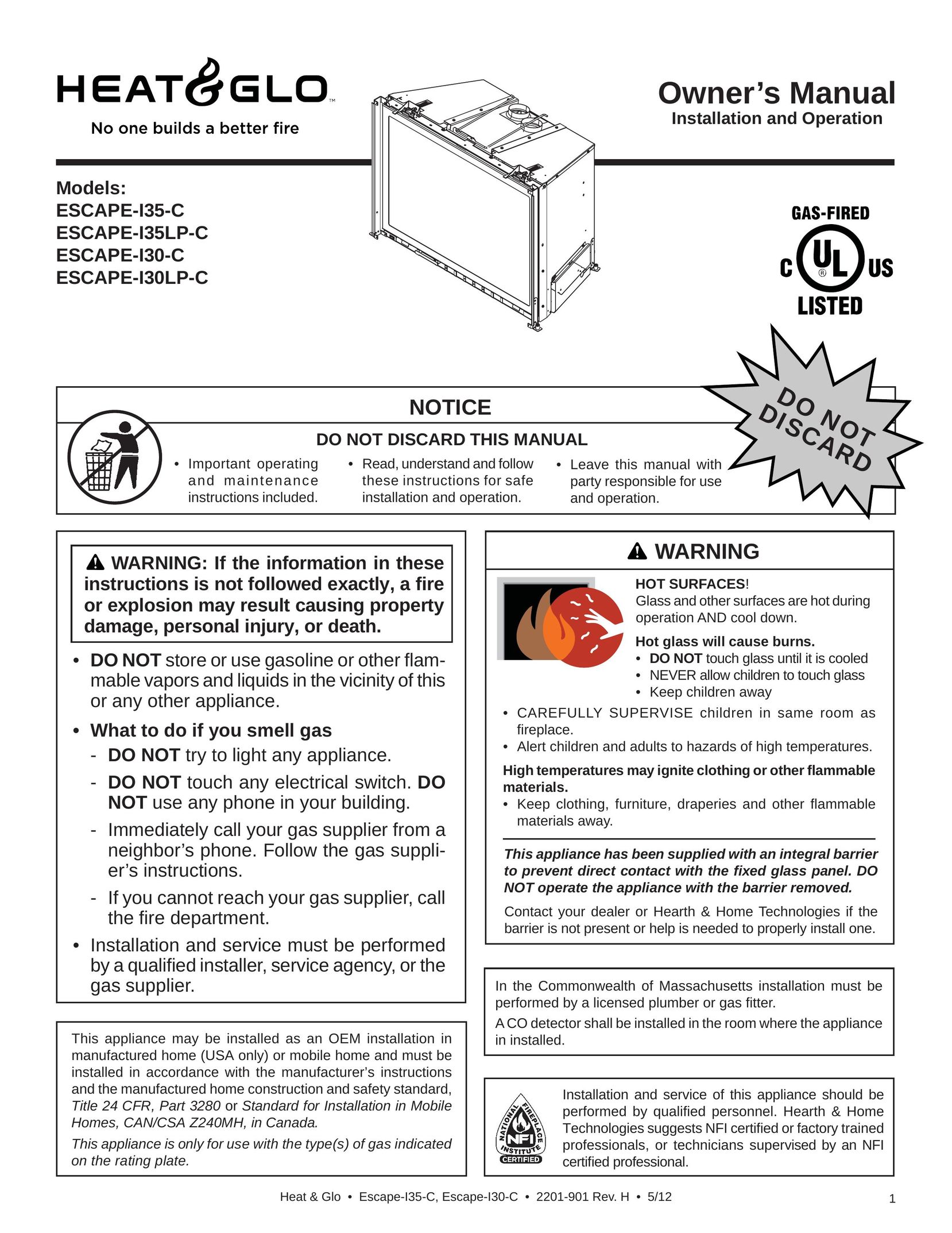 Heat & Glo LifeStyle ESCAPE-I35-C Heating System User Manual