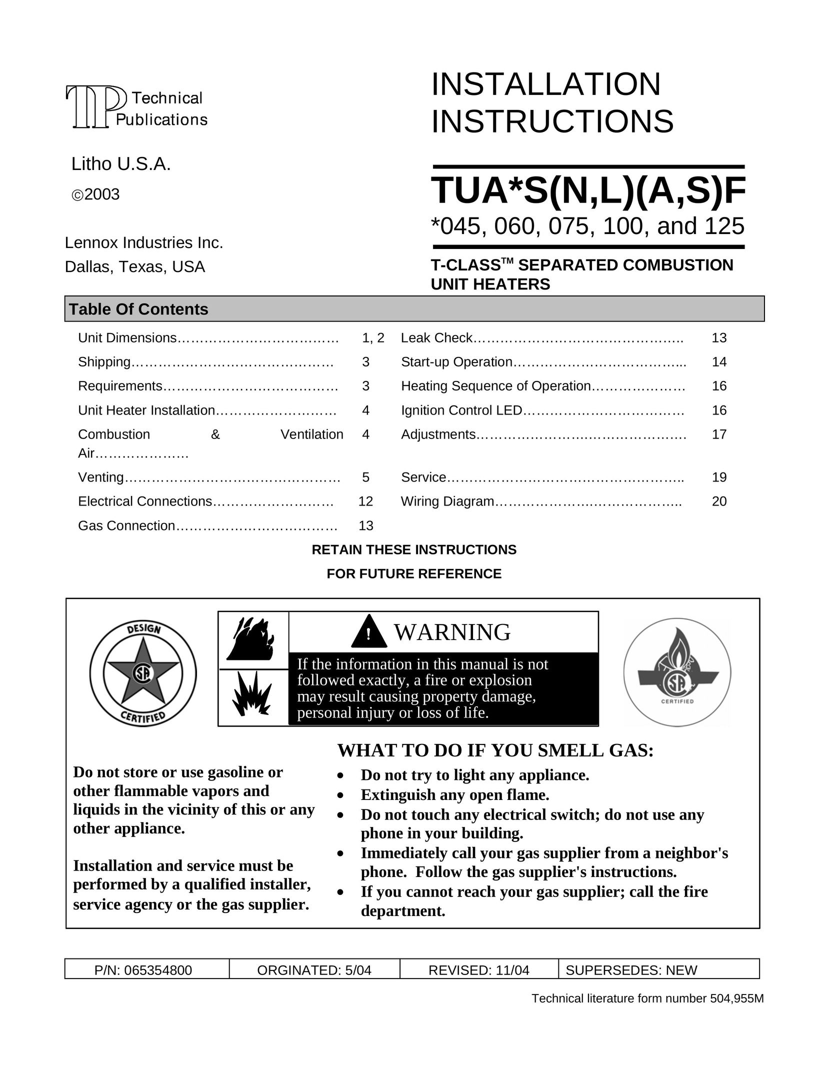 Lennox International Inc. TUA125S Heating System User Manual