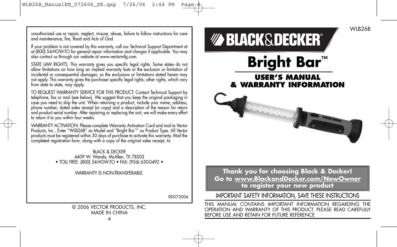 Black & Decker WLB26B Home Safety Product User Manual