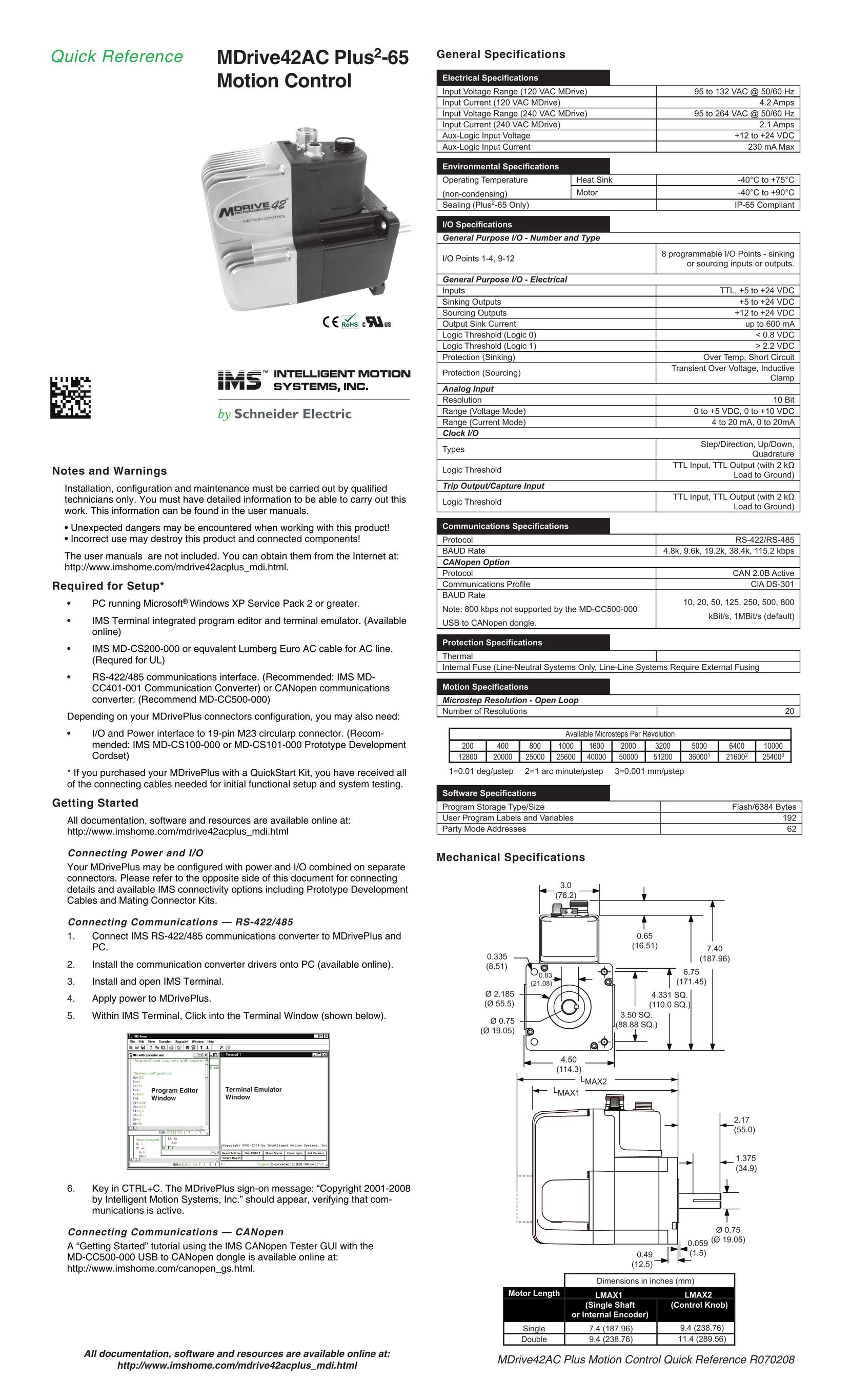 Intelligent Motion Systems MDrive42AC Home Safety Product User Manual