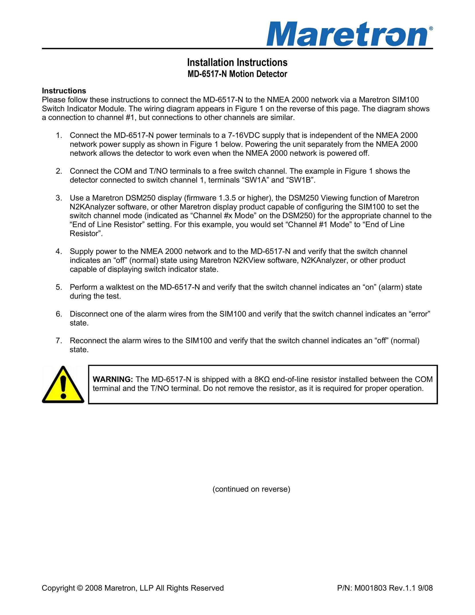 Maretron MD-6517-N Home Safety Product User Manual