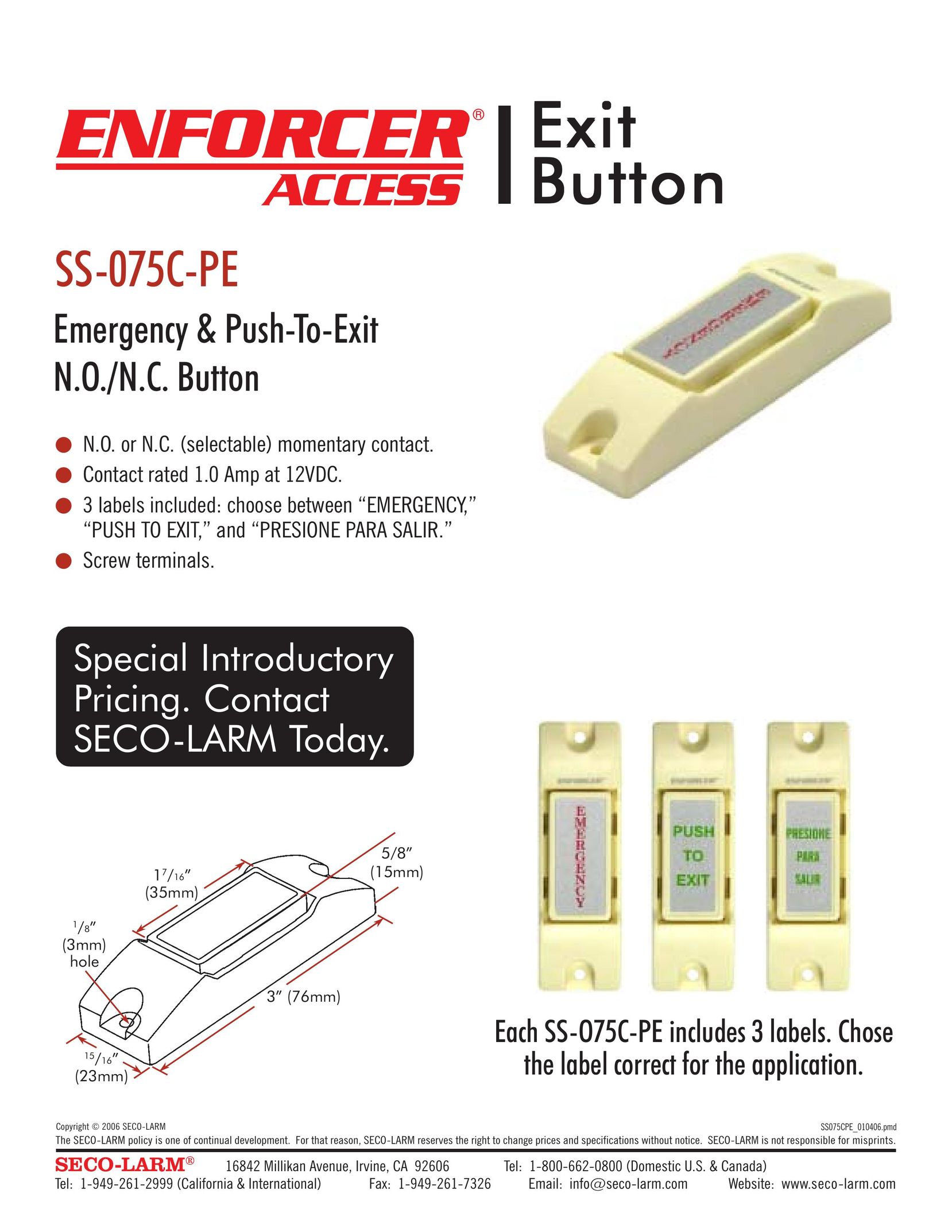 SECO-LARM USA SS-075C-PE Home Safety Product User Manual