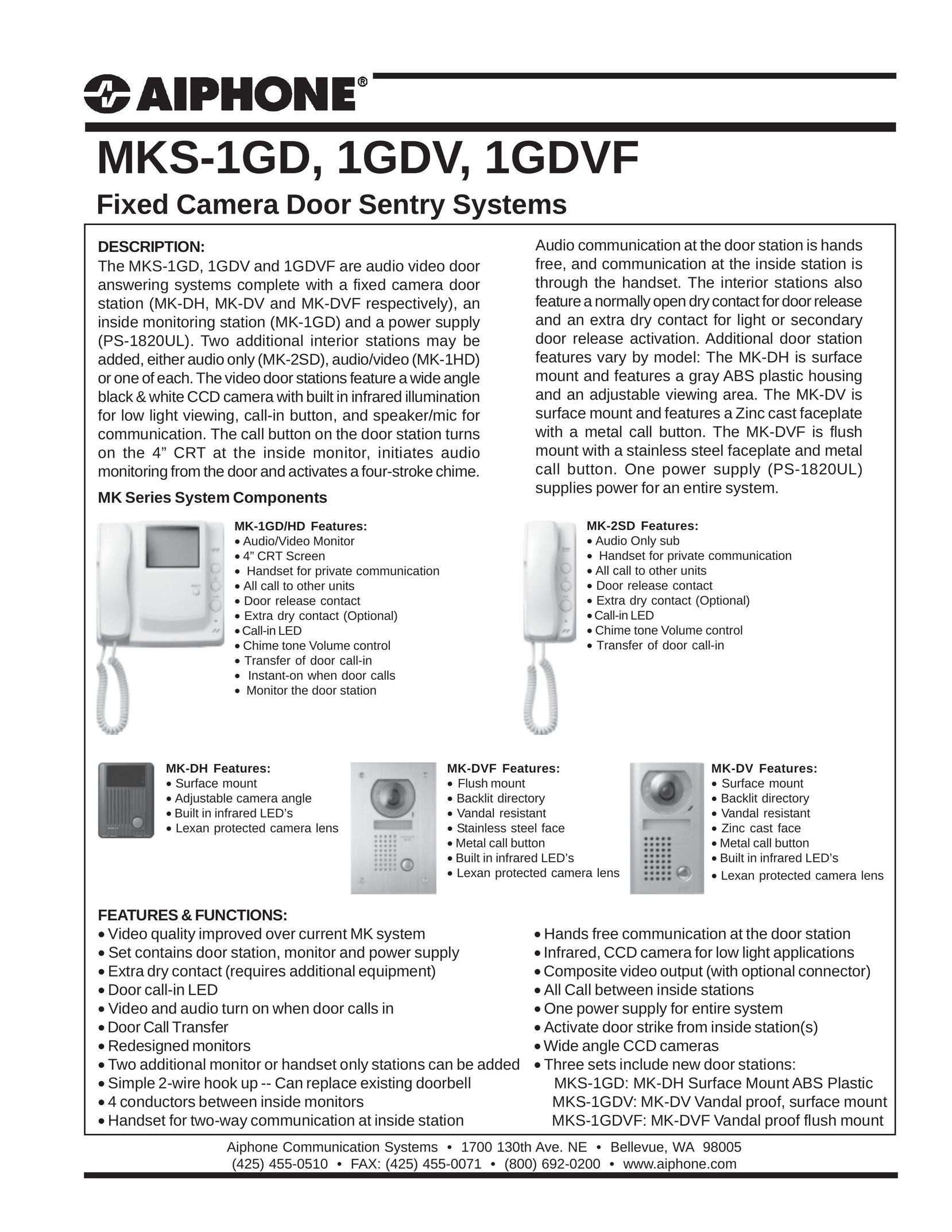 Aiphone 1GDVF Home Security System User Manual