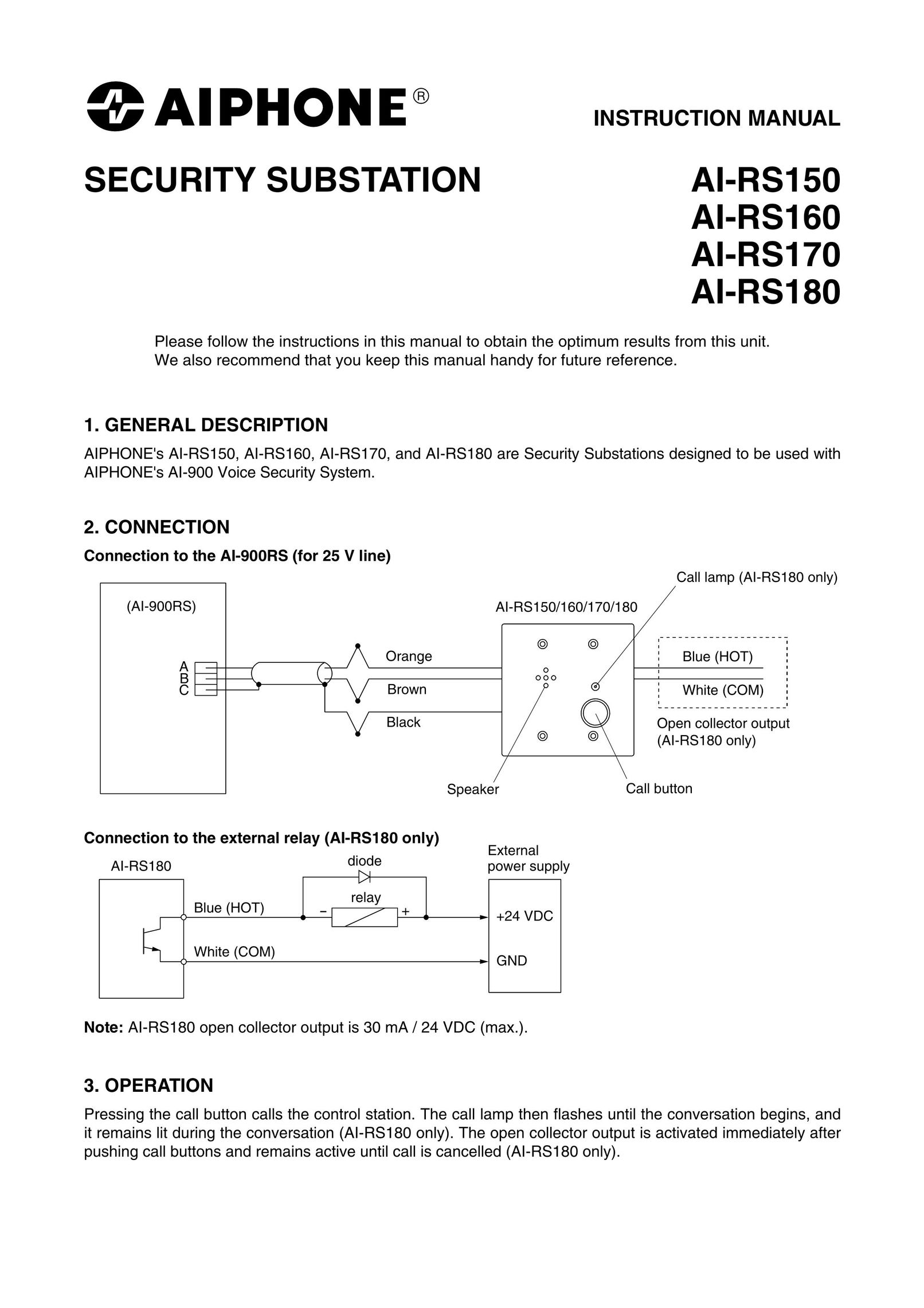 Aiphone AI-RS160 Home Security System User Manual