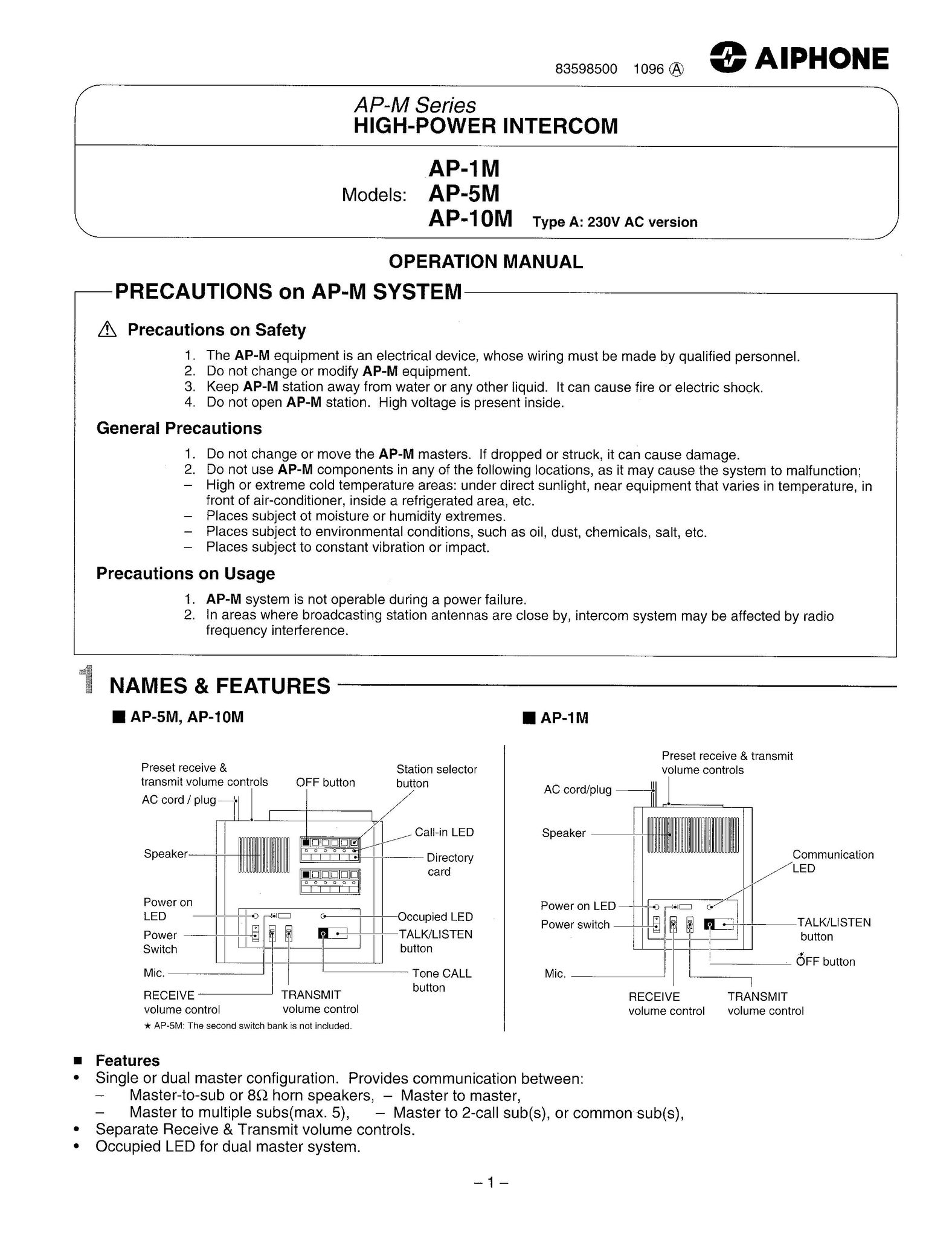 Aiphone AP-10M Home Security System User Manual