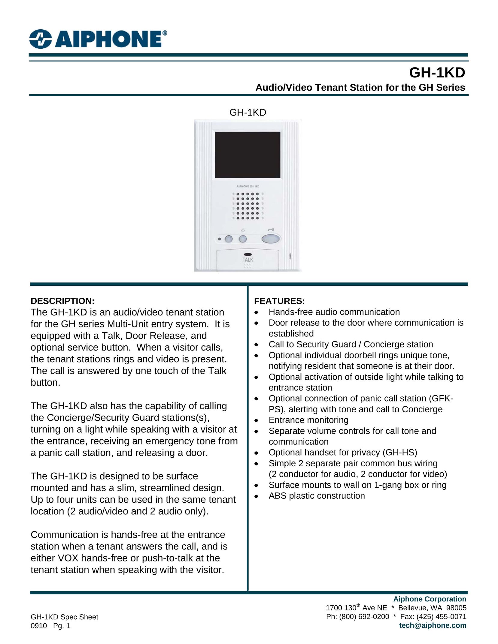 Aiphone GH-1KD Home Security System User Manual