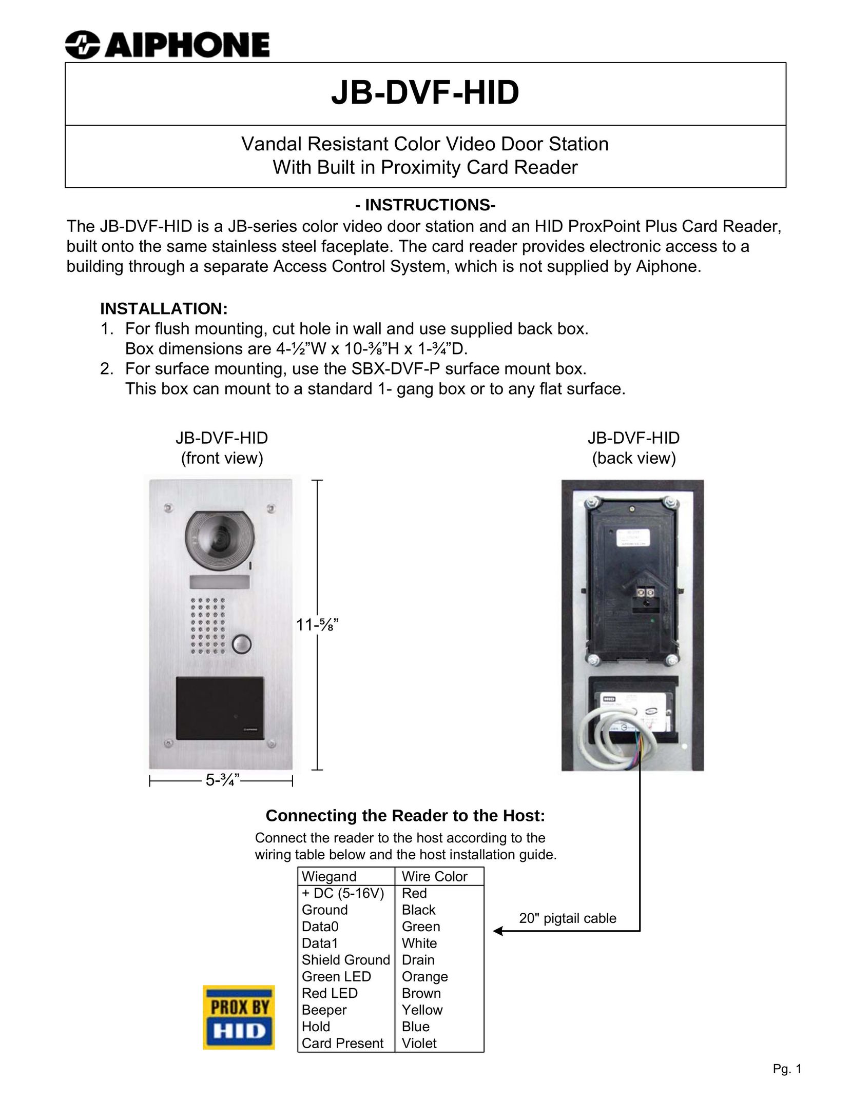 Aiphone JB-DVF-HID Home Security System User Manual