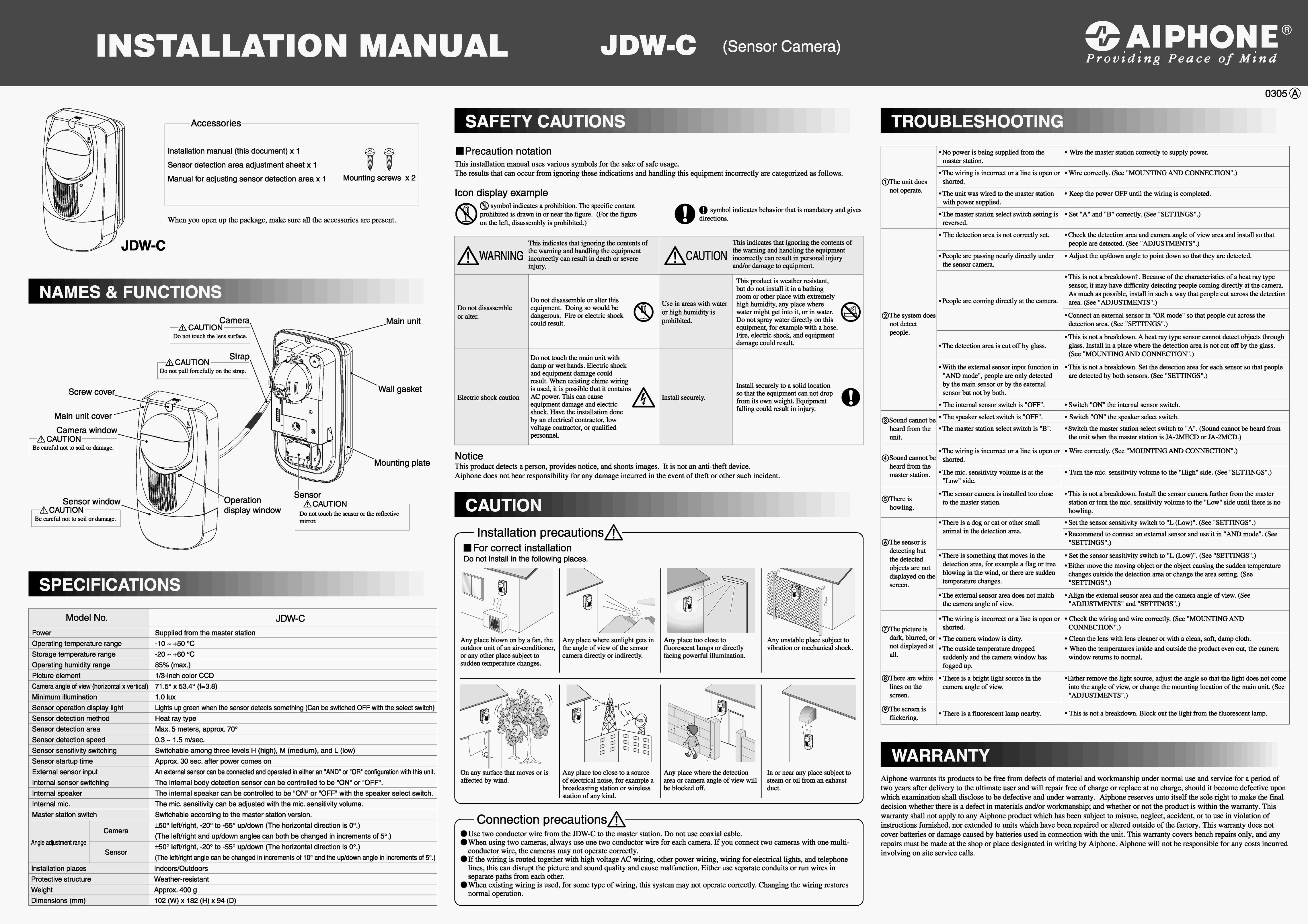 Aiphone JDW-C Home Security System User Manual