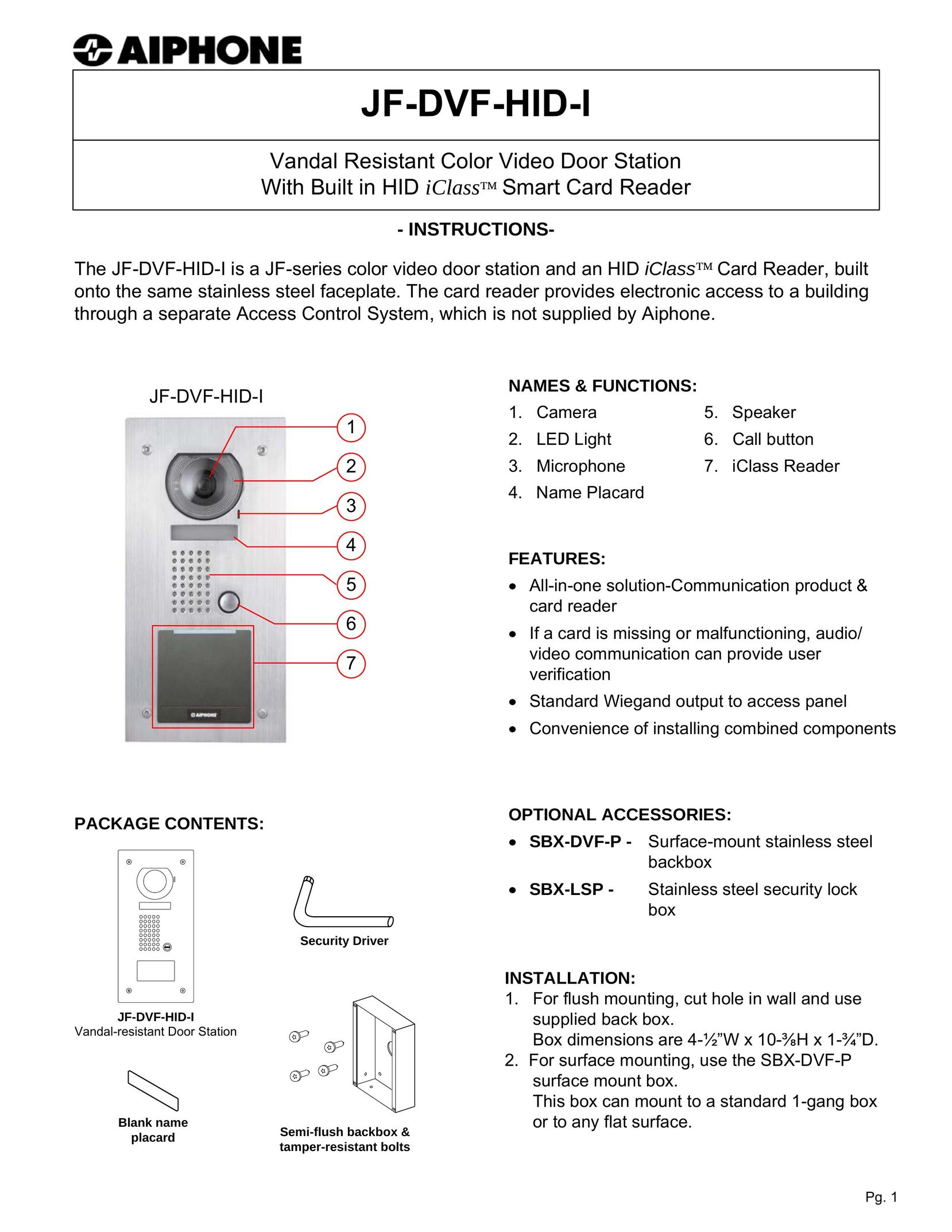 Aiphone JF-DVF-HID-I Home Security System User Manual