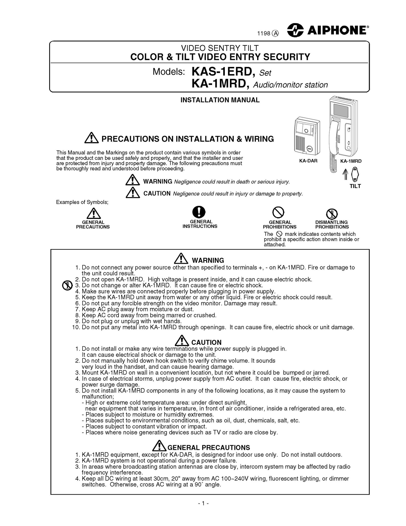Aiphone KA-1MRD Home Security System User Manual