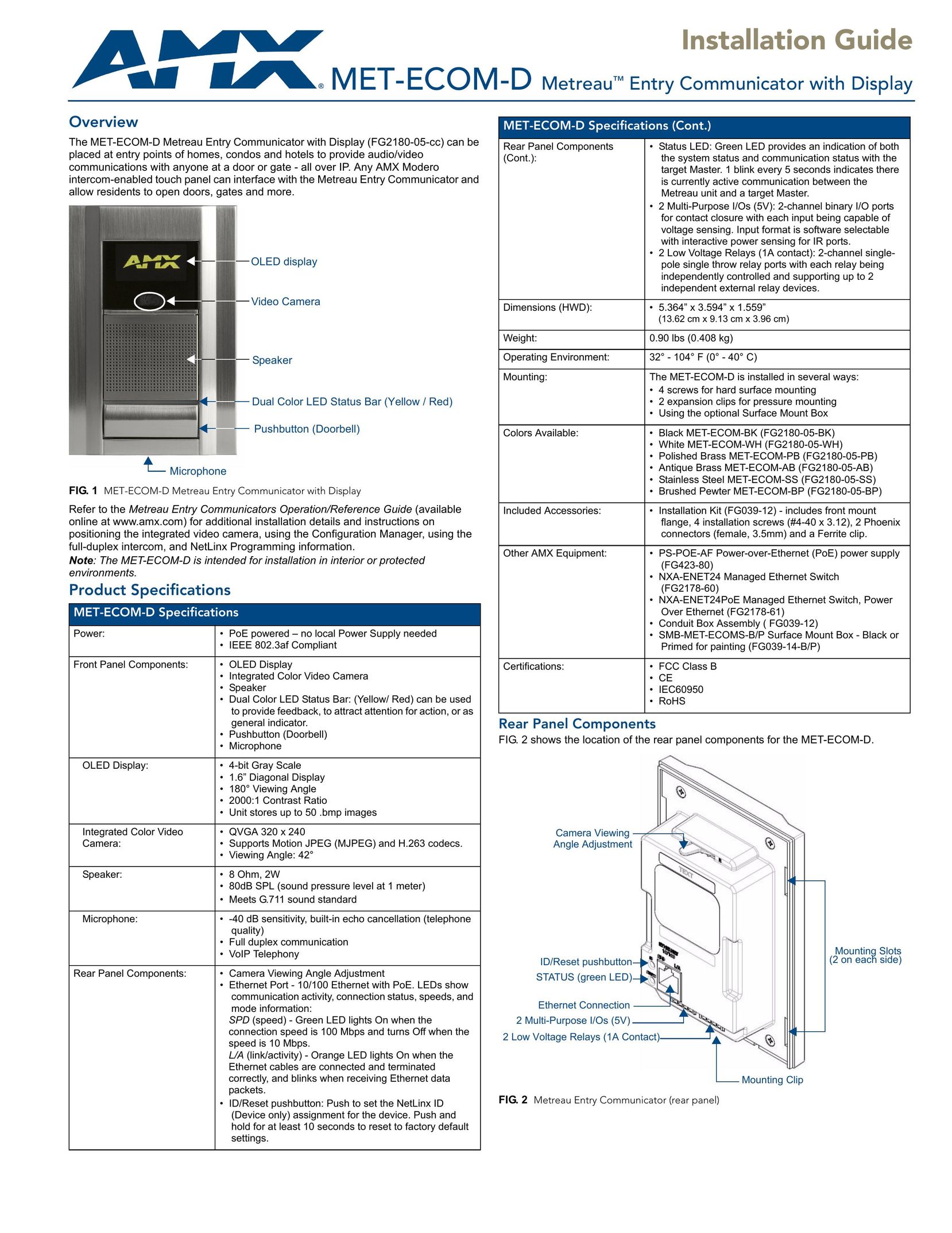 AMX MET-ECOM-D Home Security System User Manual