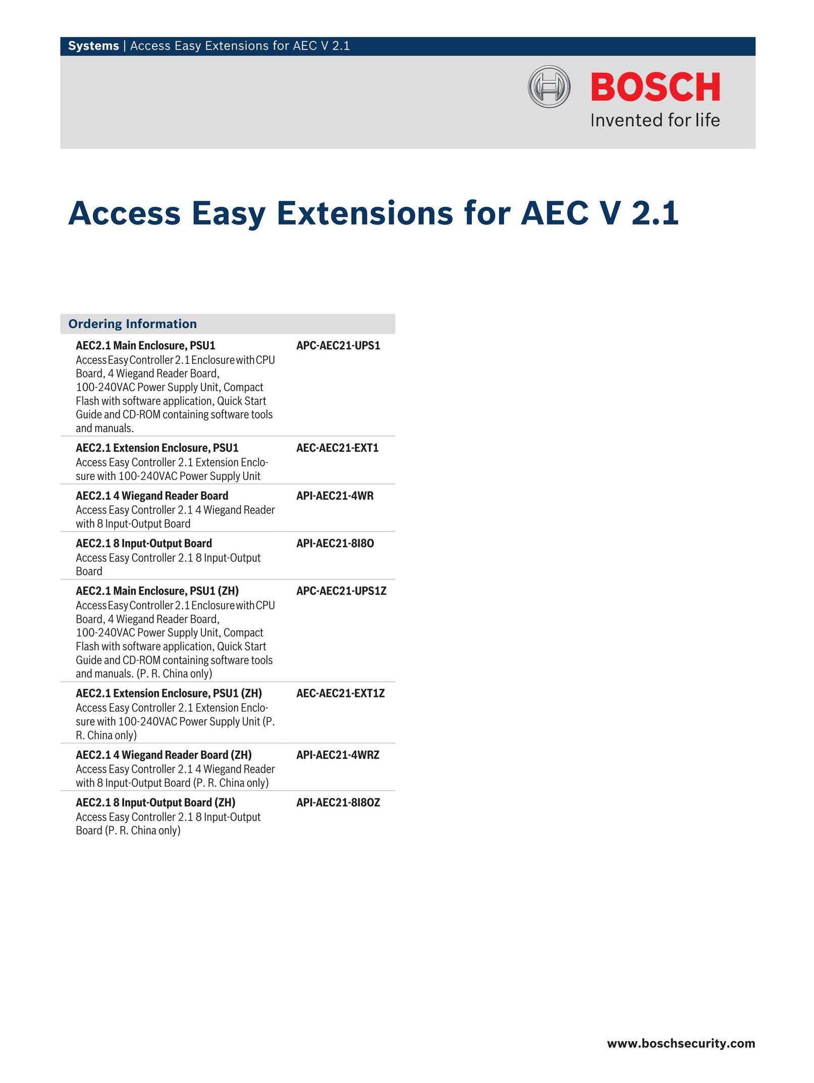 Bosch Appliances AEC-AEC21-EXT1 Home Security System User Manual
