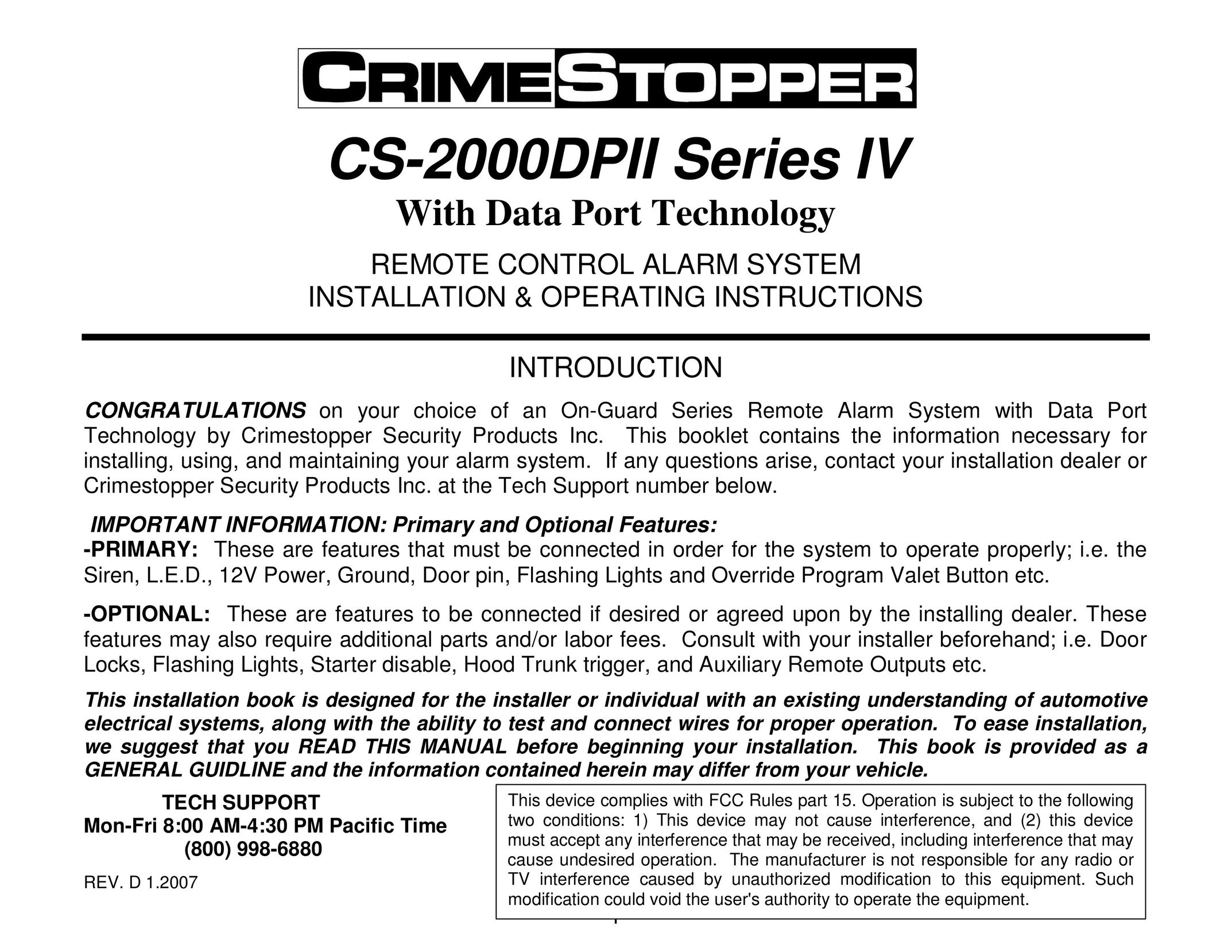 Crimestopper Security Products CS-2000DPII Home Security System User Manual