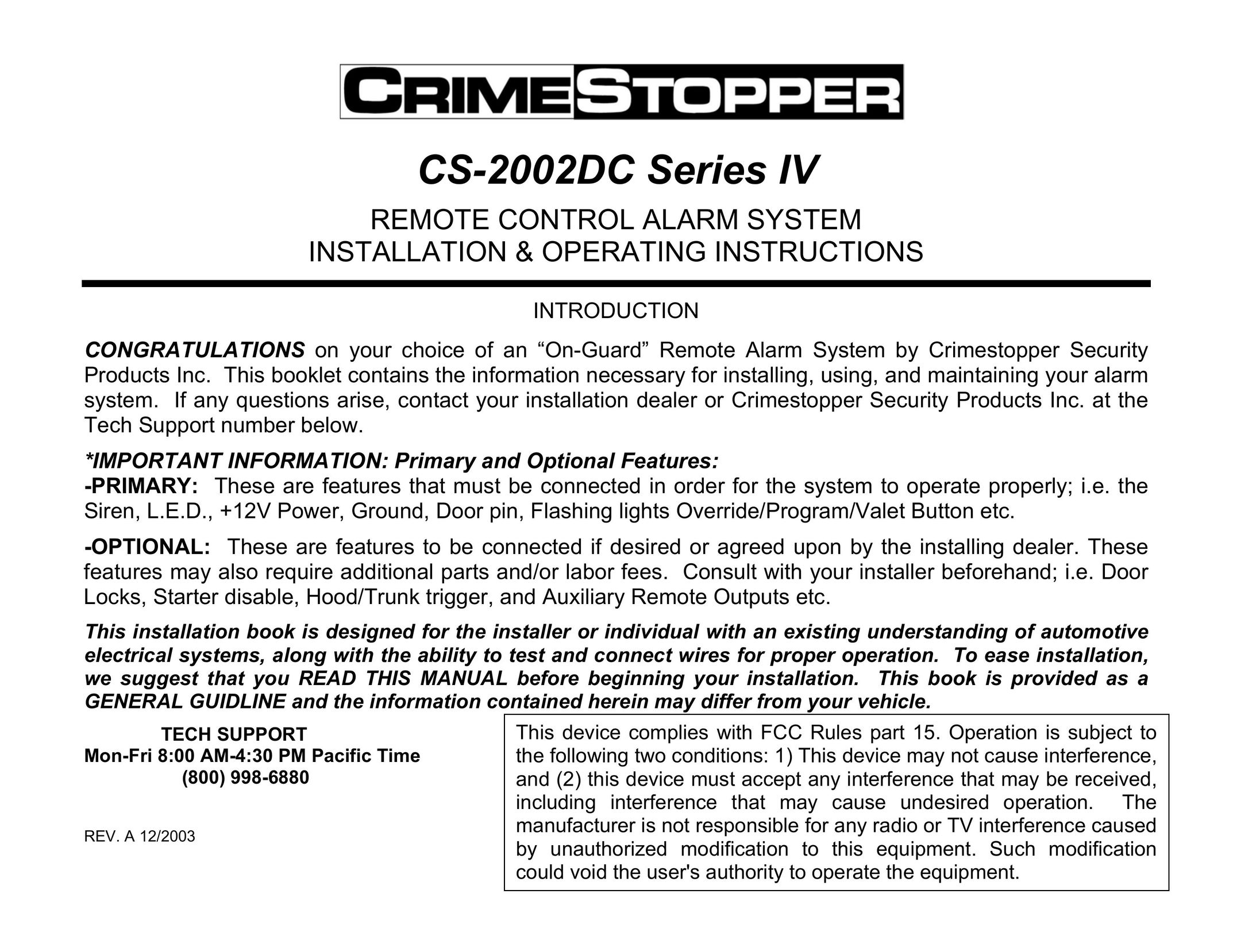 Crimestopper Security Products CS-2002DC Home Security System User Manual