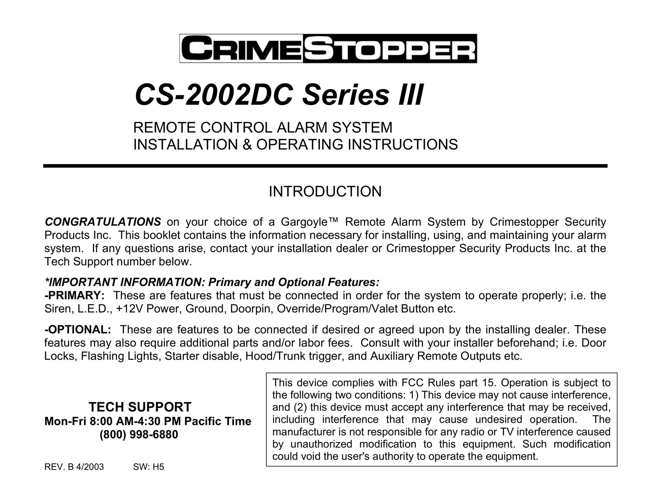 Crimestopper Security Products CS-2002DC SERIES III Home Security System User Manual