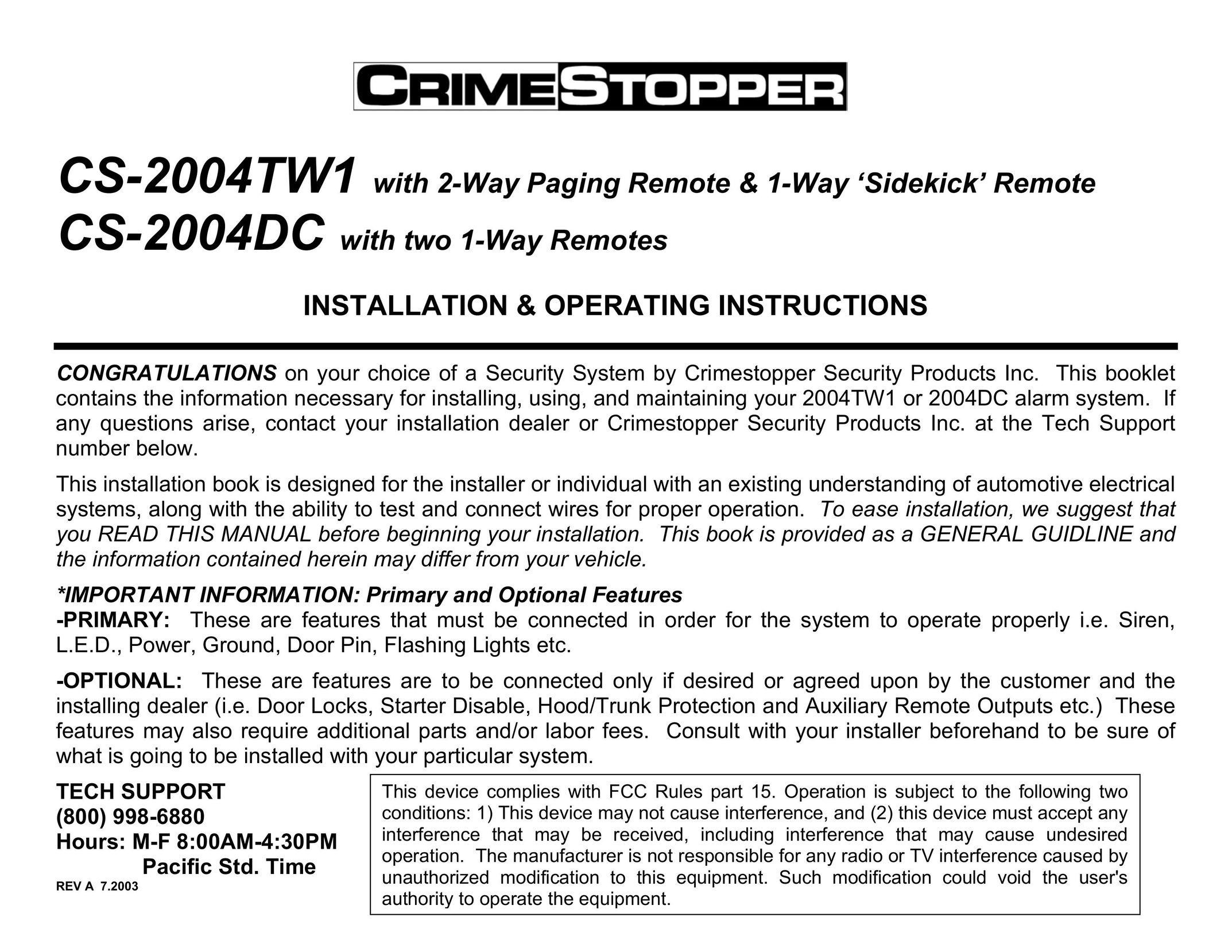 Crimestopper Security Products CS-2004DC Home Security System User Manual
