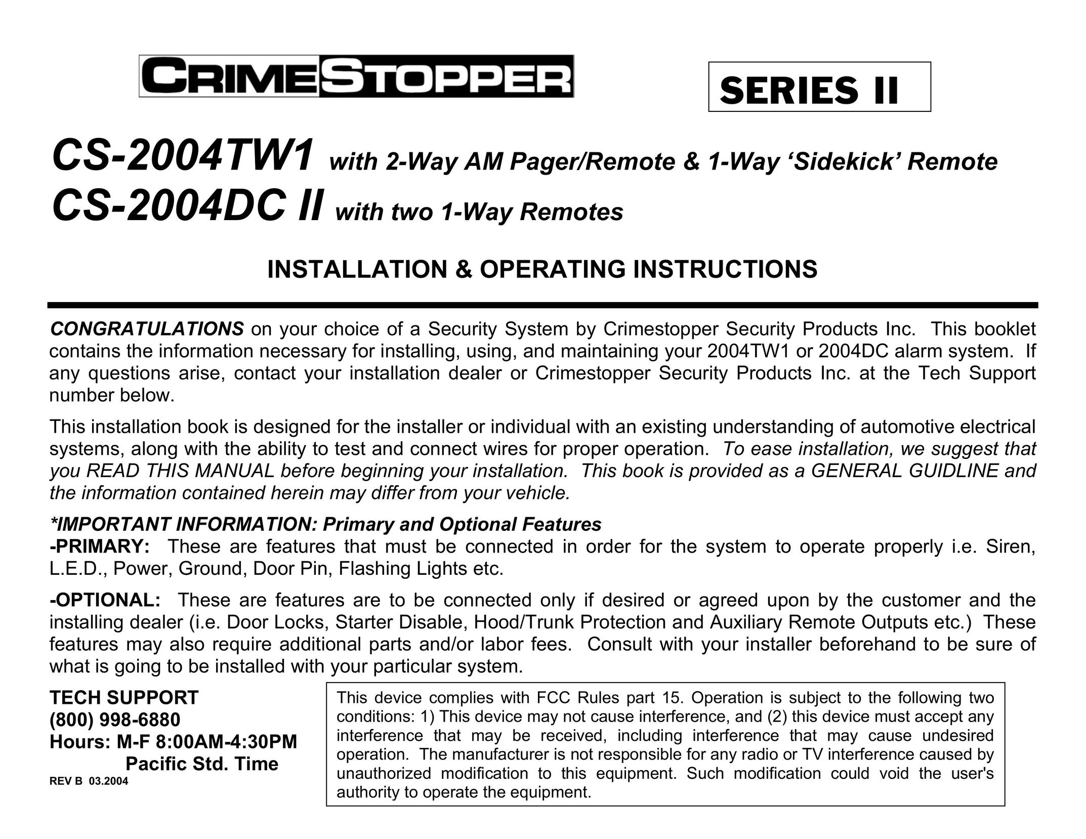 Crimestopper Security Products CS-2004DC II Home Security System User Manual