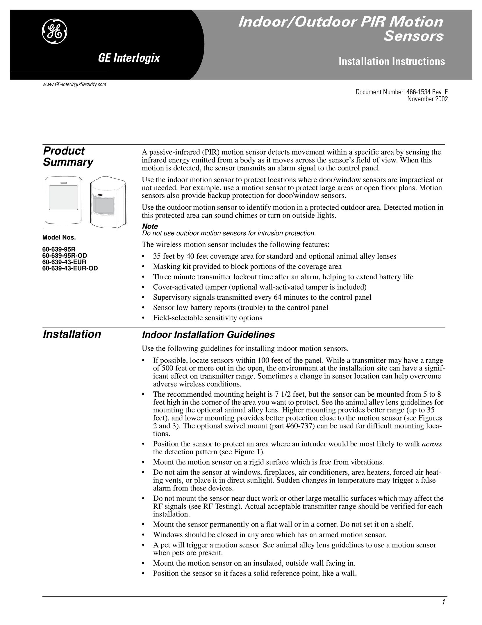 GE 60-639-43-EUR-OD Home Security System User Manual