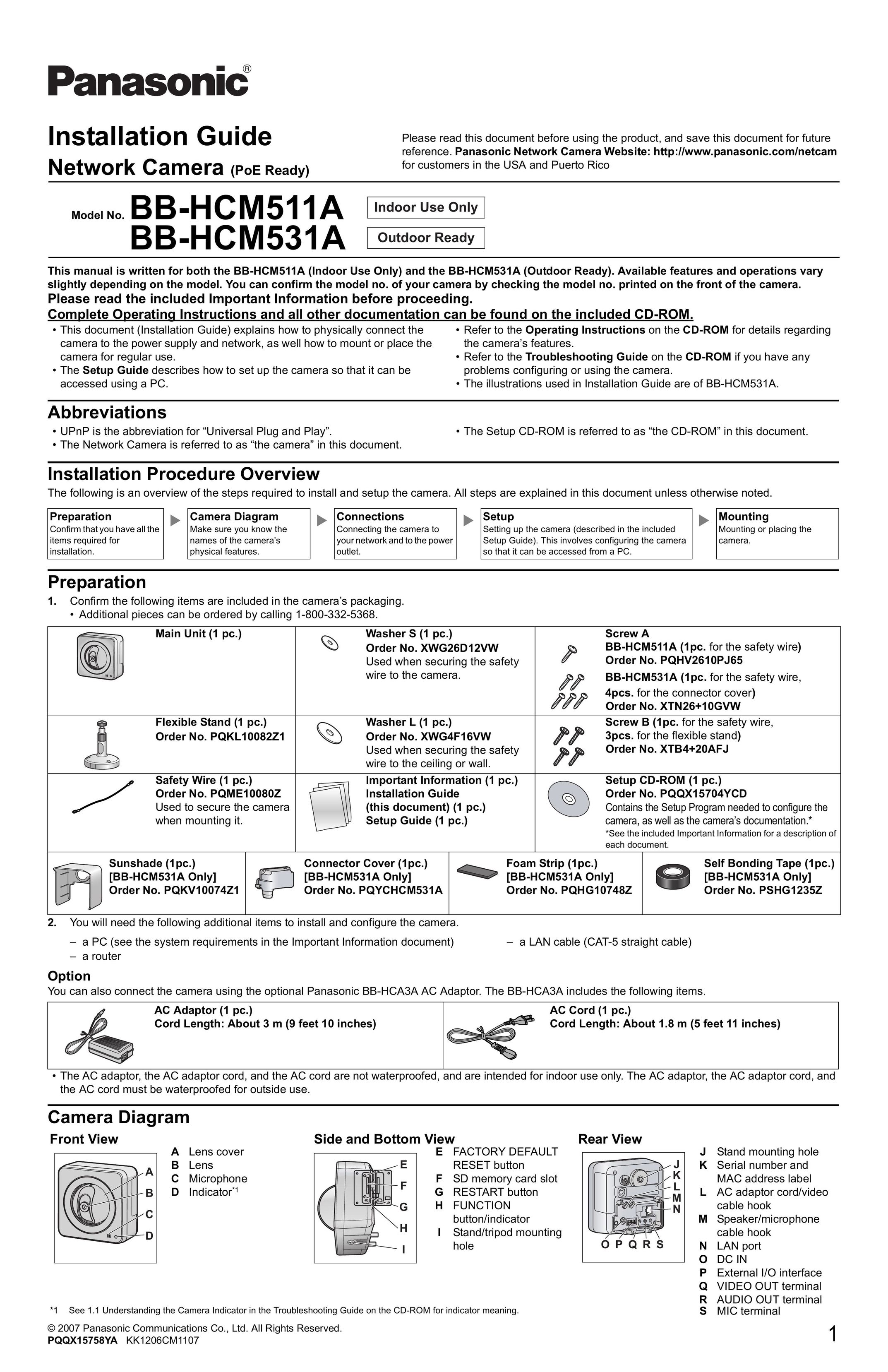 Panasonic BB-HCM511A Home Security System User Manual