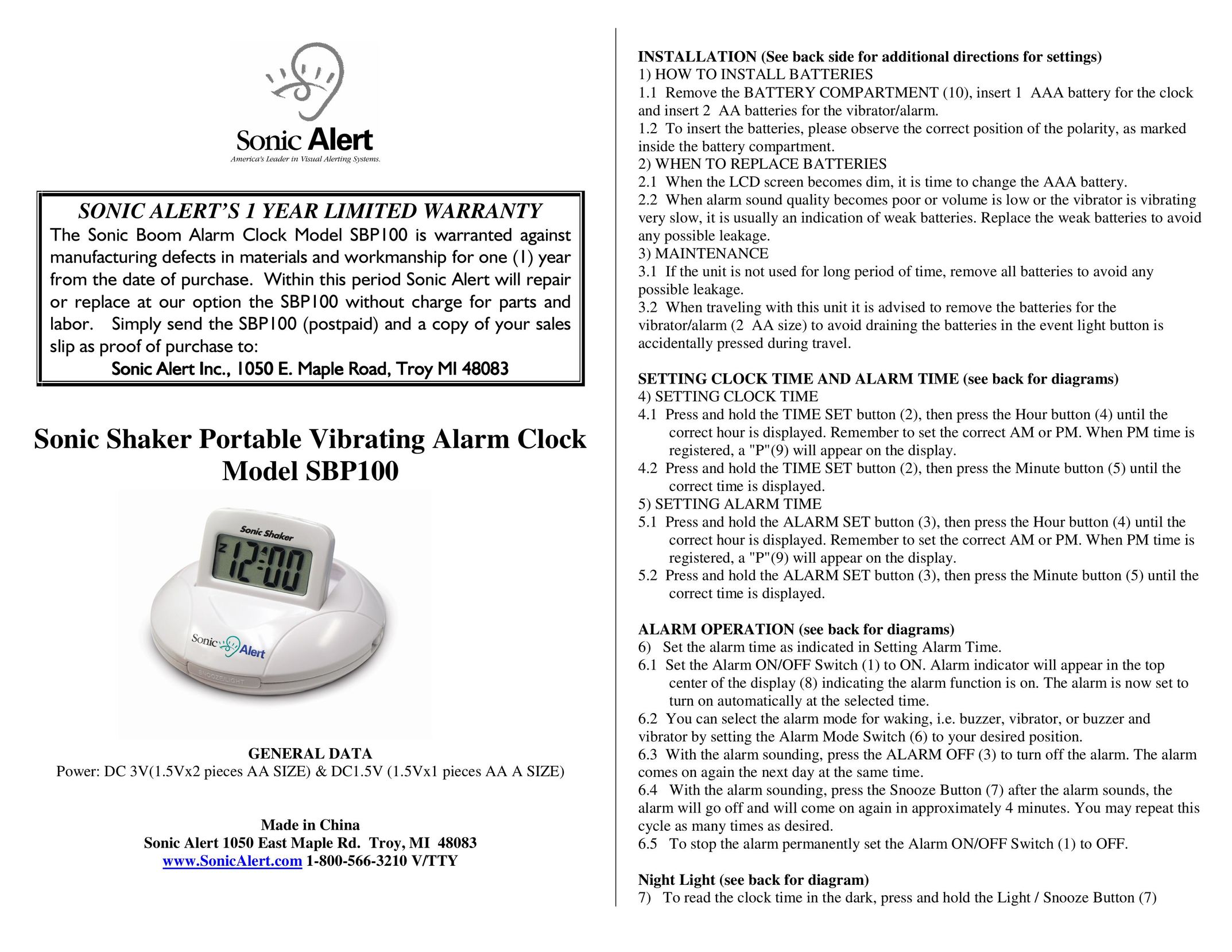 Sonic Alert SBP100 Home Security System User Manual