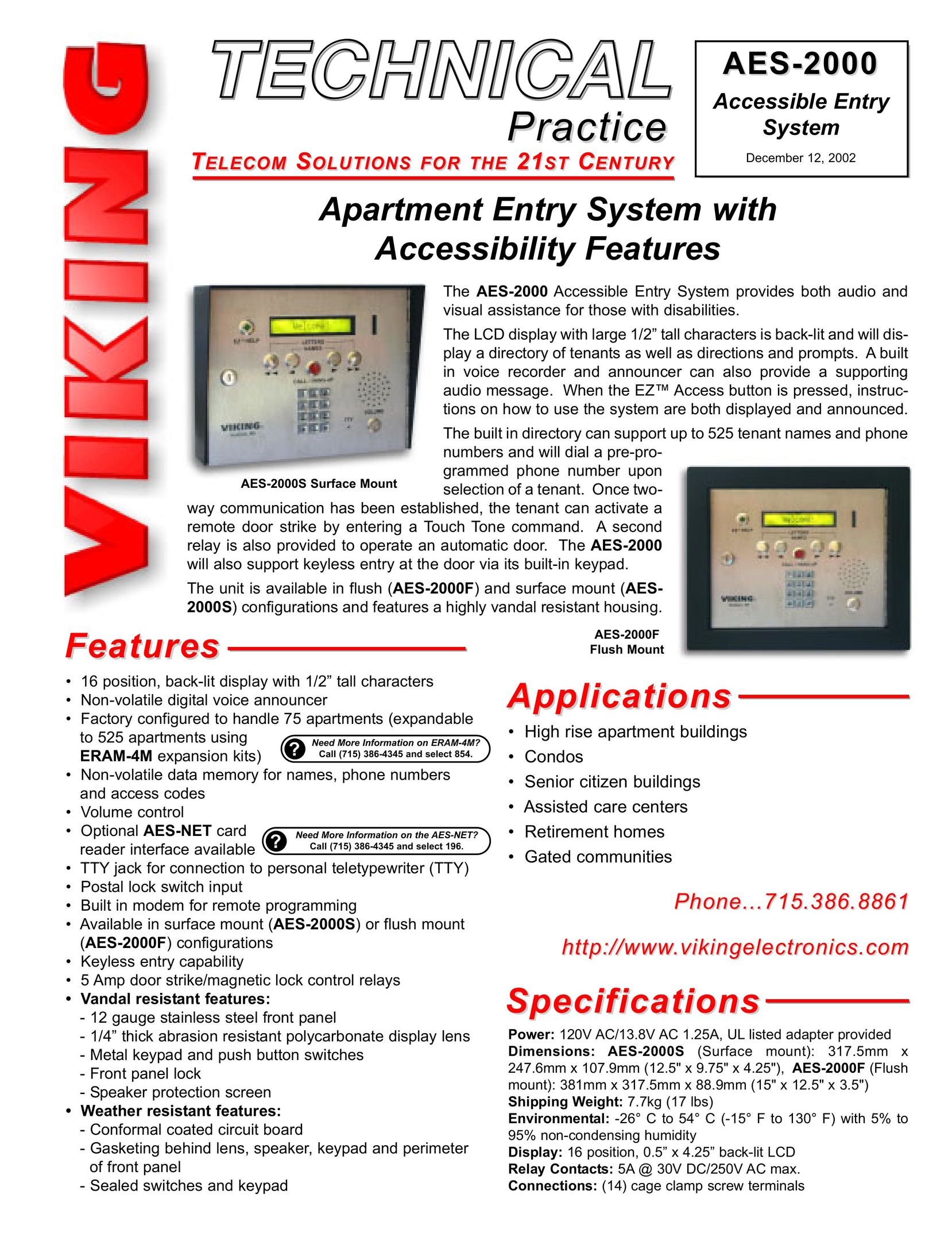 Viking the aes-2000 accessible entry system Home Security System User Manual