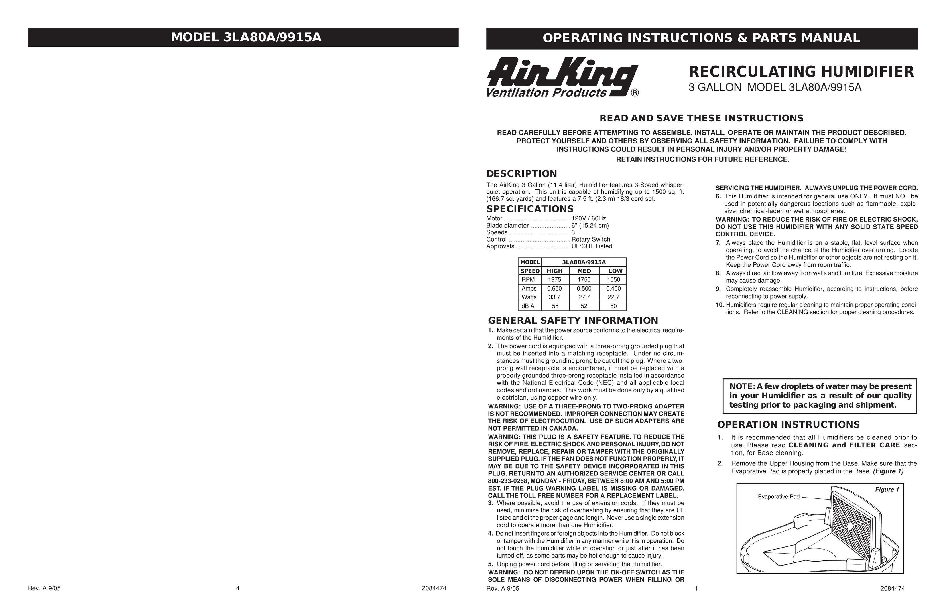 Air King 3LA80A Humidifier User Manual